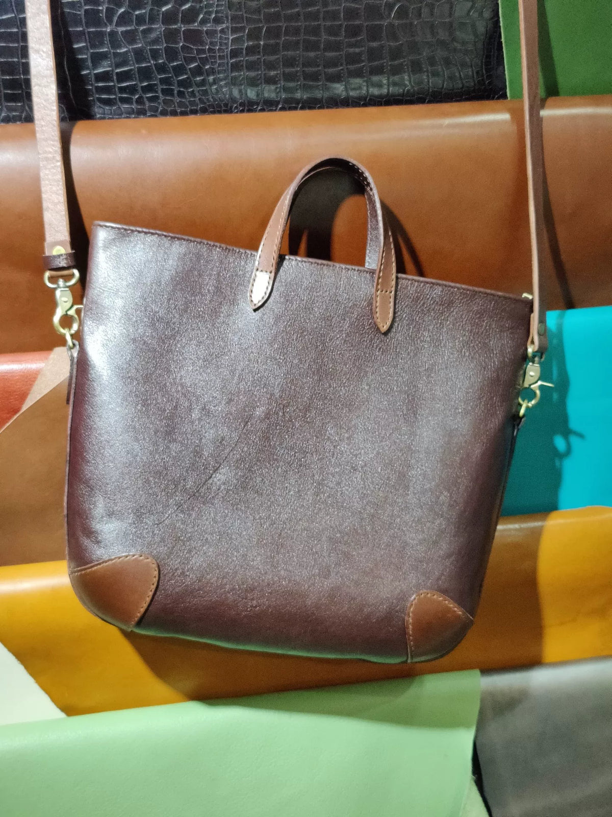 ハンドメイド フルグレインレザー トートバッグ ダークブラウン