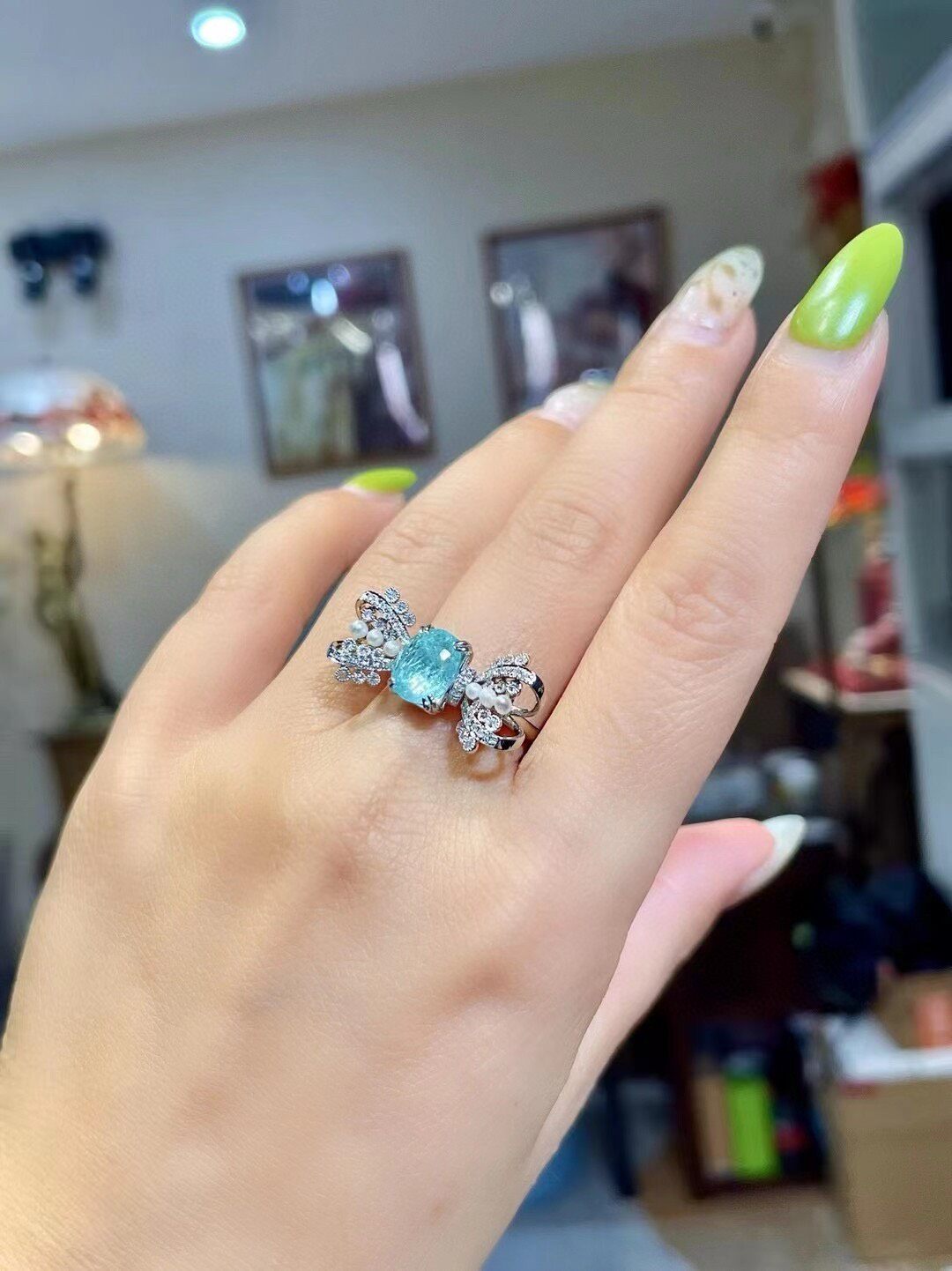 18k Gold Ring with Cushion-Cut Neon Blue Gem, Diamond and Pearl Bow-Tie Wings