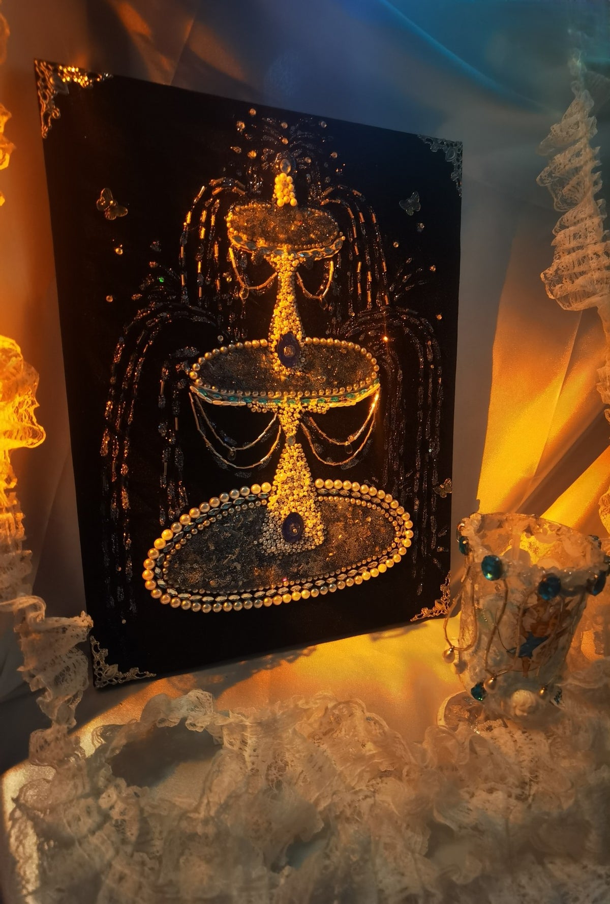 Pearl Fountain Painting Black Velvet Art