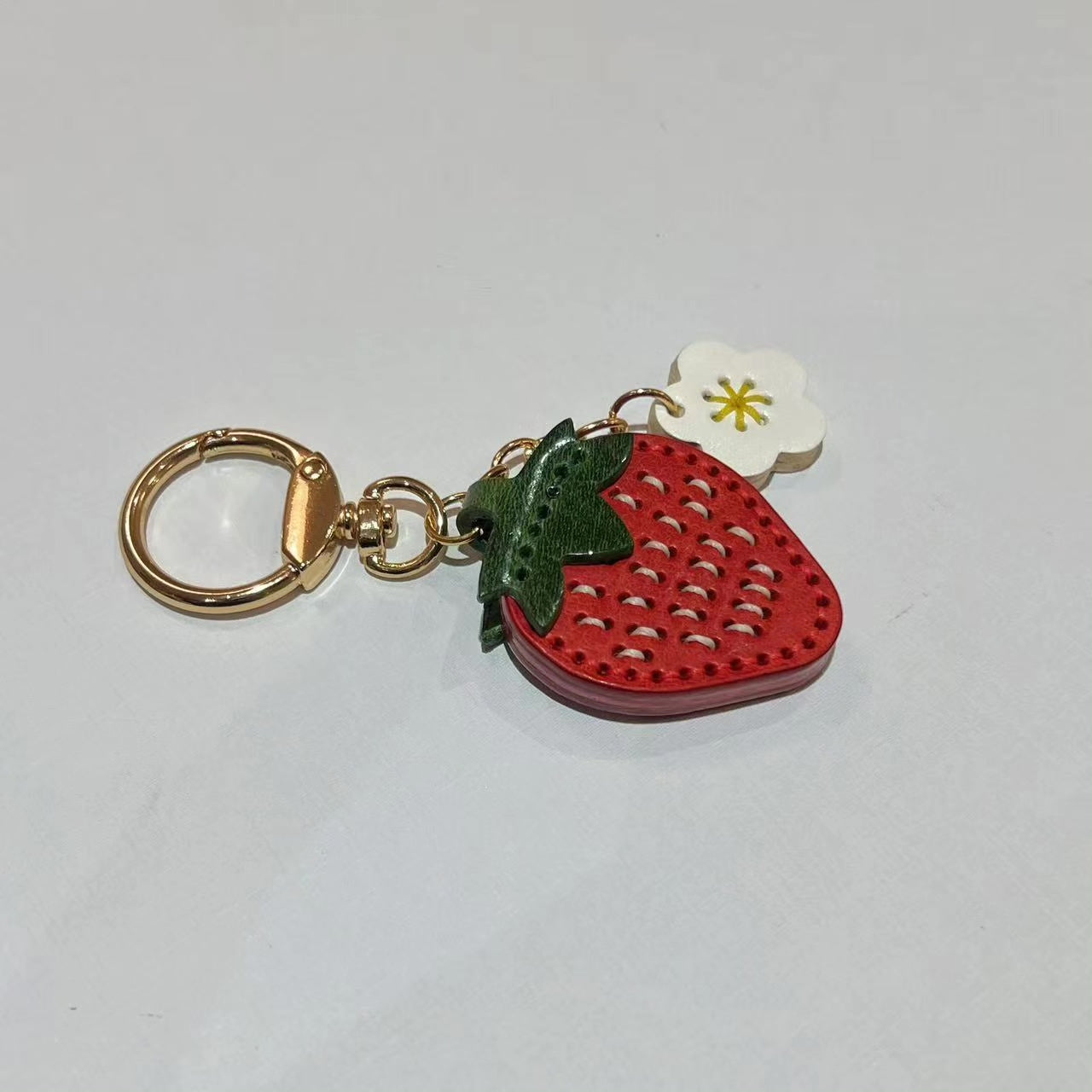 Handmade Strawberry Keychain with Vegetable-Tanned Leather