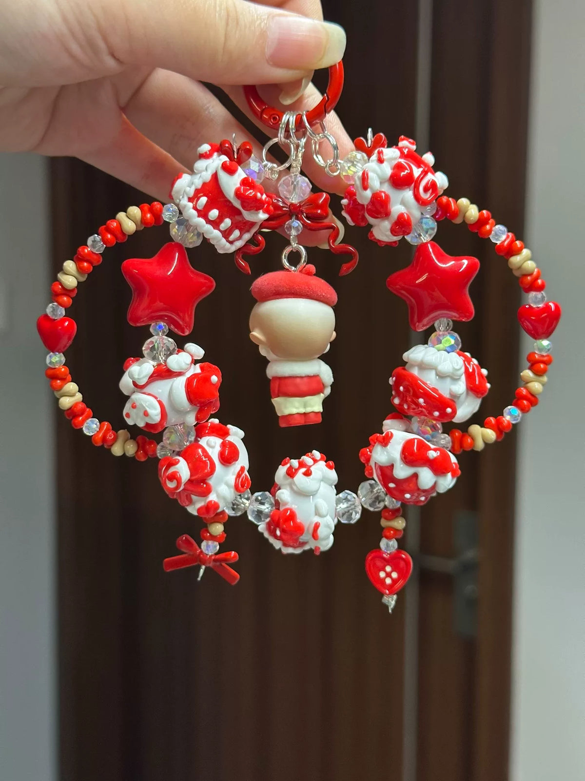 Red Beaded Heart Keychain Bag Charm