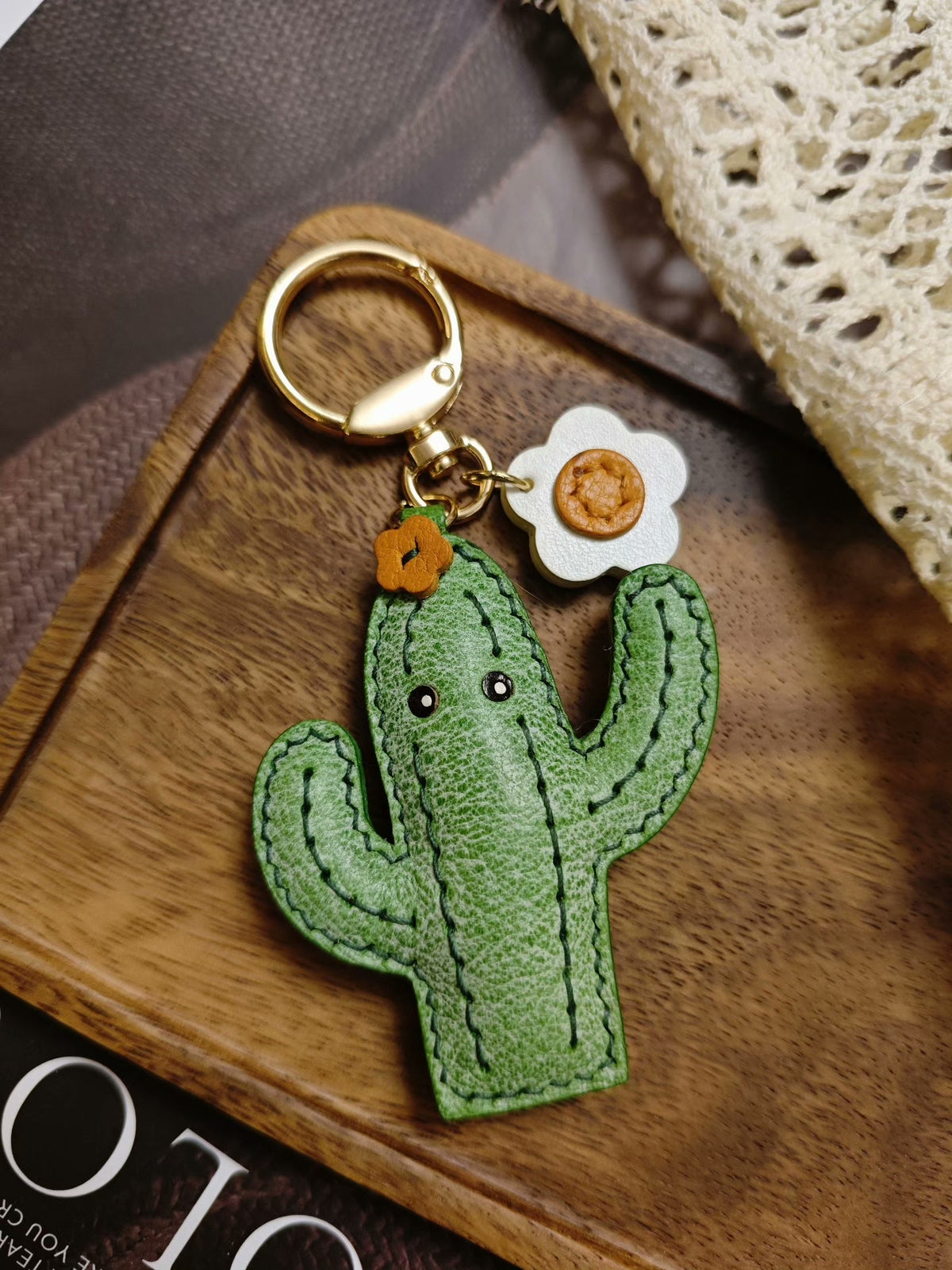 Waxed Leather Cactus Keychain with White Flower Charm