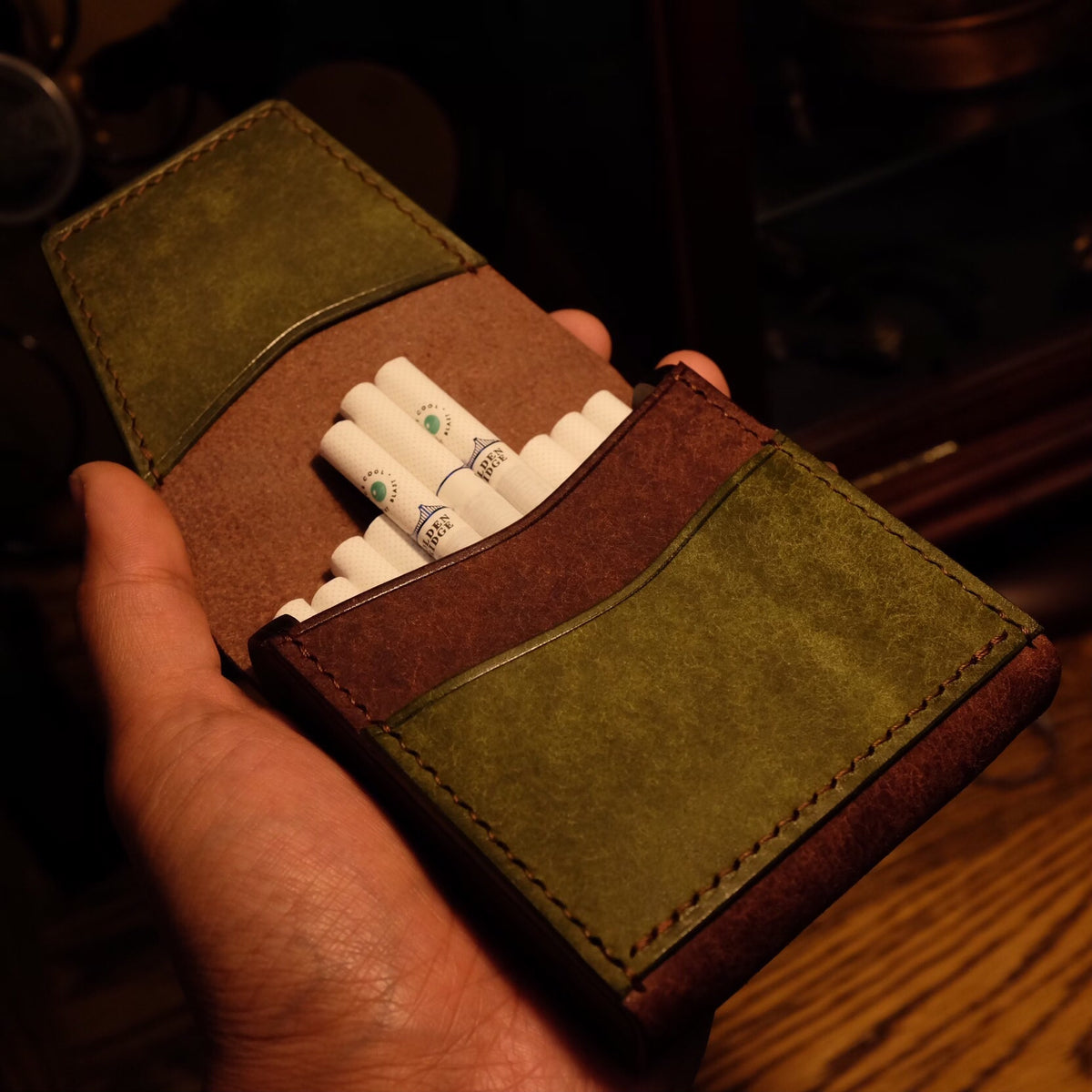 Handcrafted Leather Cigarette Case with Wood Trim