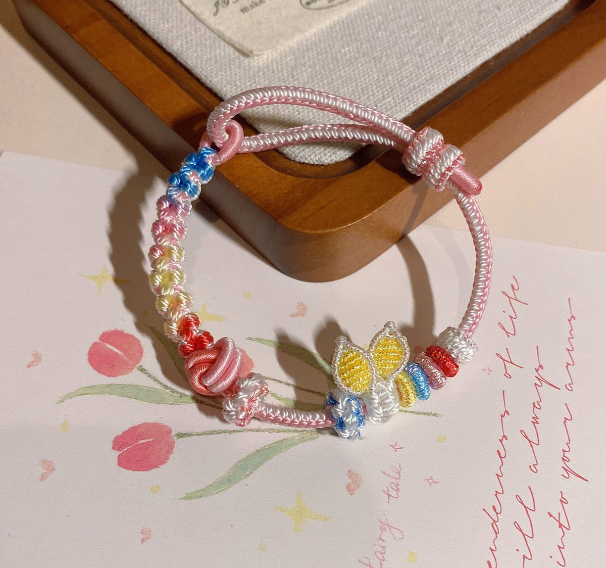Woven Rabbit Ear Bracelet with Rainbow Knots