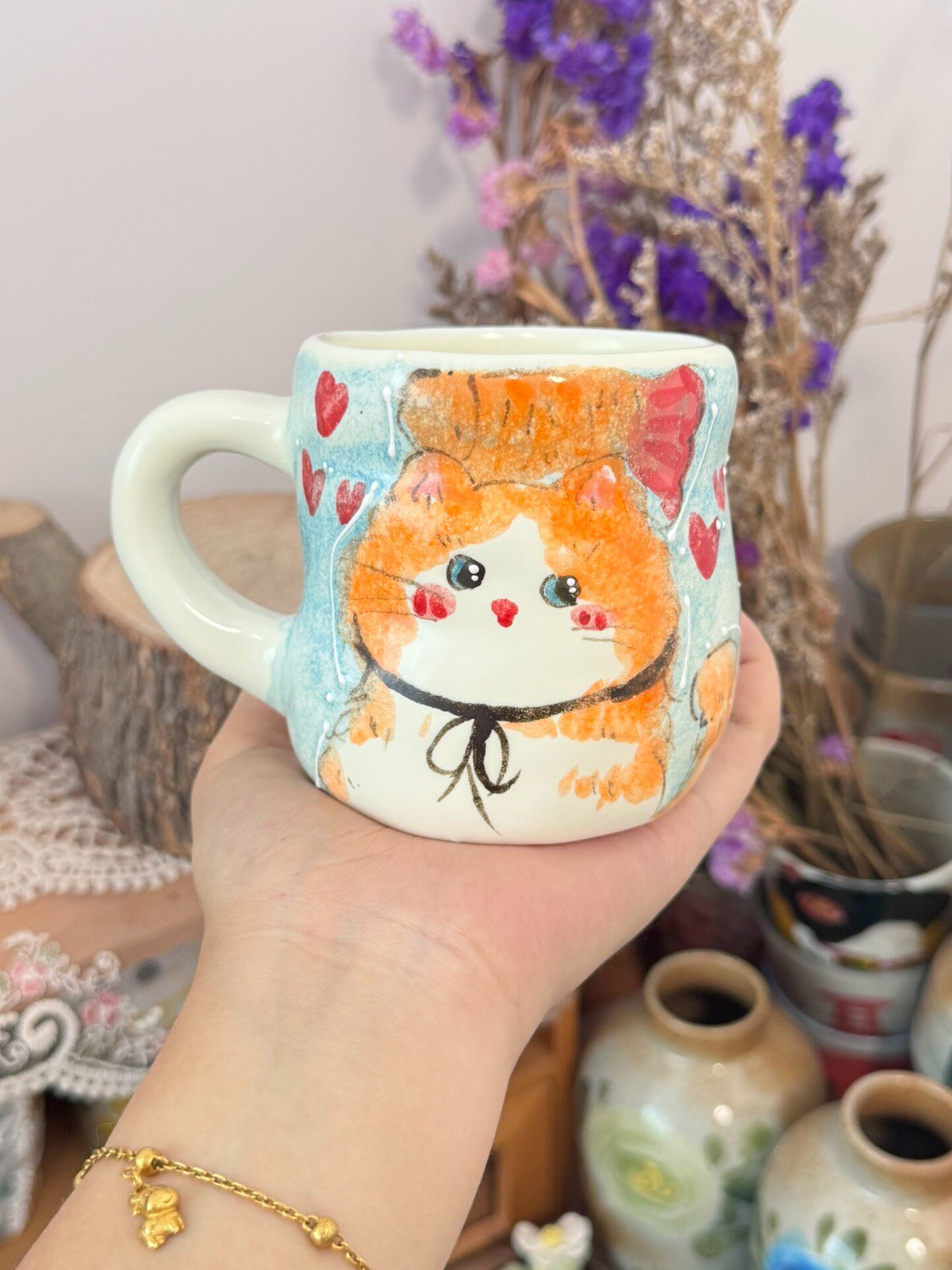 Handcrafted Ceramic Coffee Mug Blue Cat Design