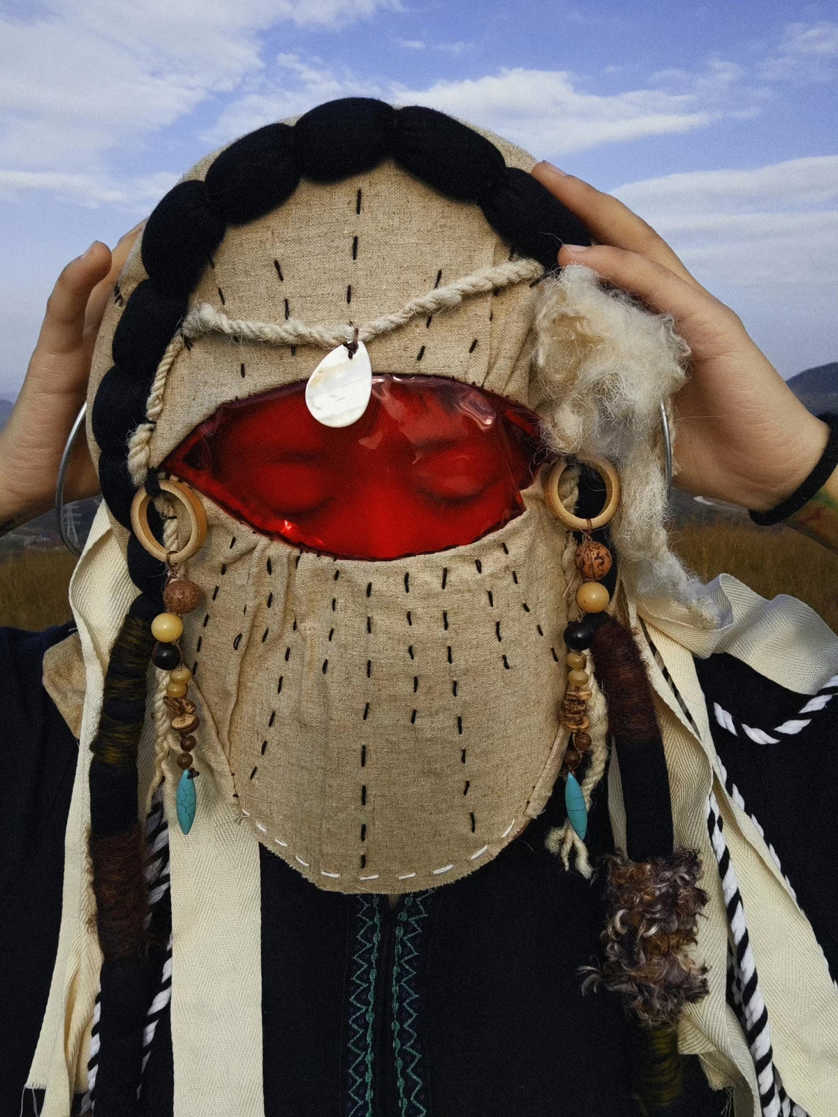 Tibetan Style Hood Mask with Beaded Tassels