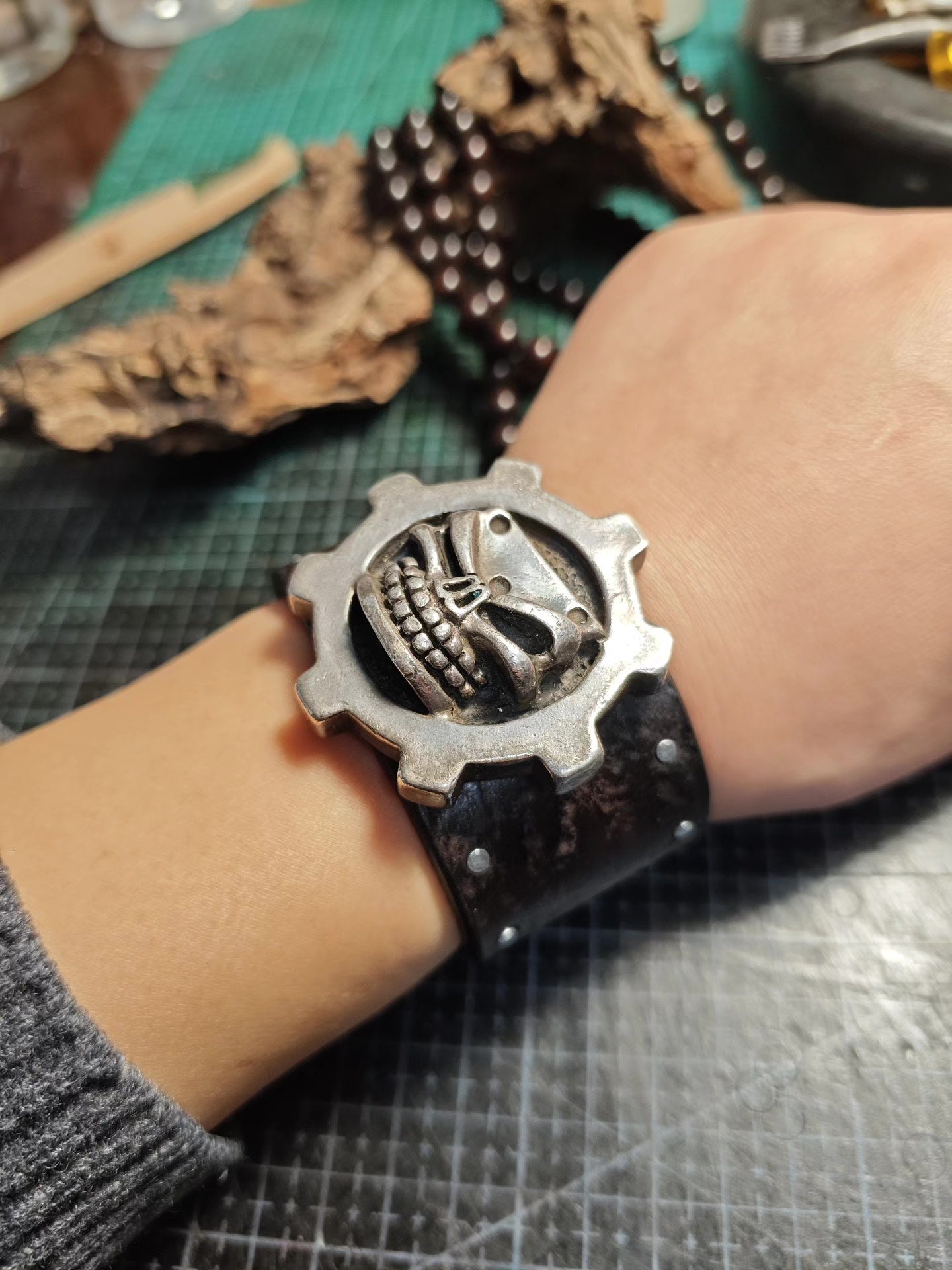 Steampunk Leather Cuff Bracelet with Skull and Gear Emblem