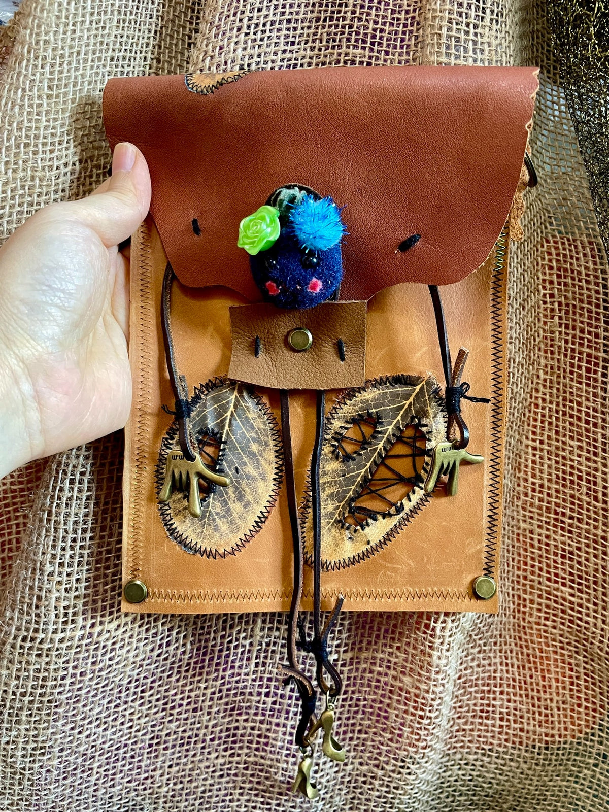 Handmade Leather Crossbody Bag with Applique Face