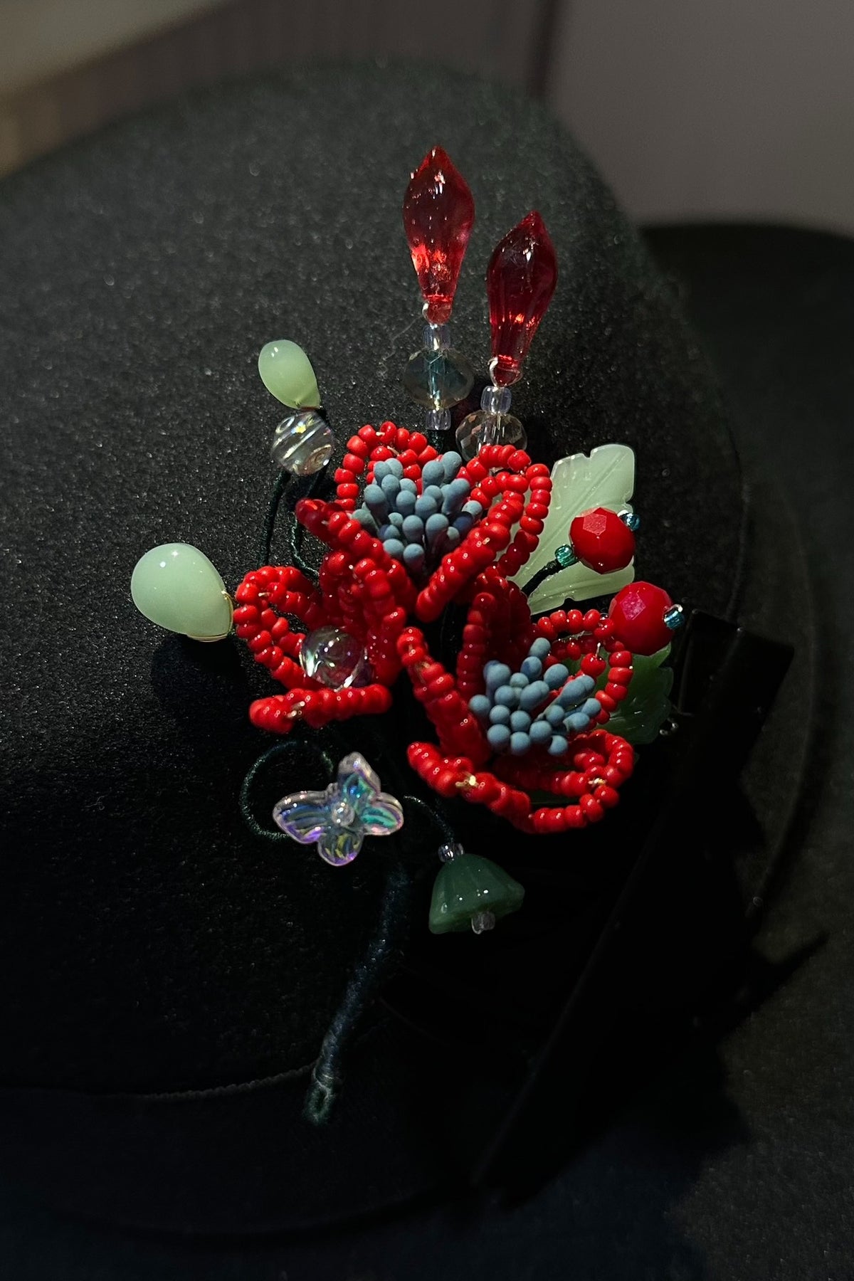 Beaded Floral Hair Clip with Red Flowers