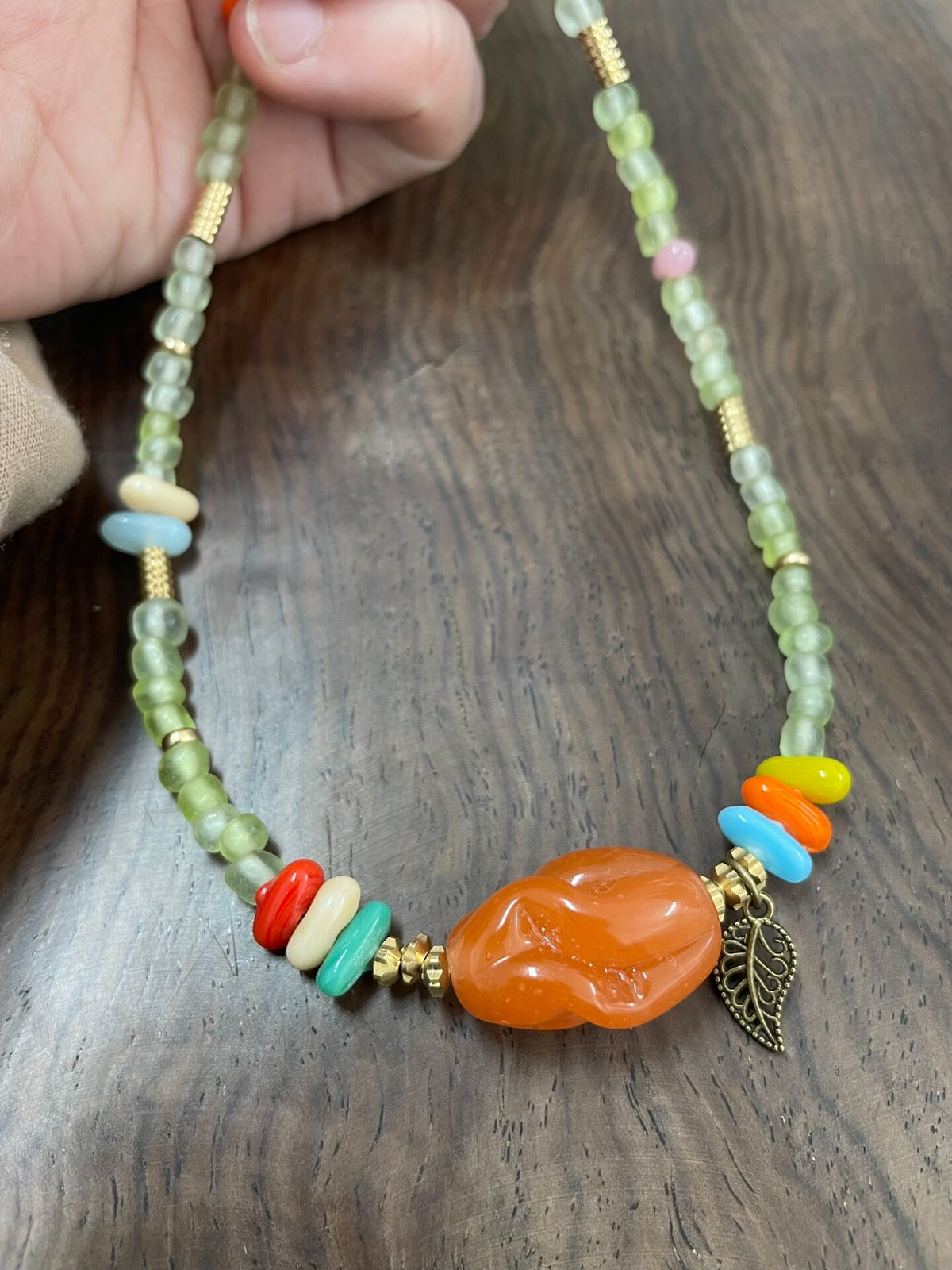 Pale Celadon Glass Beaded Necklace with Amber Pendant