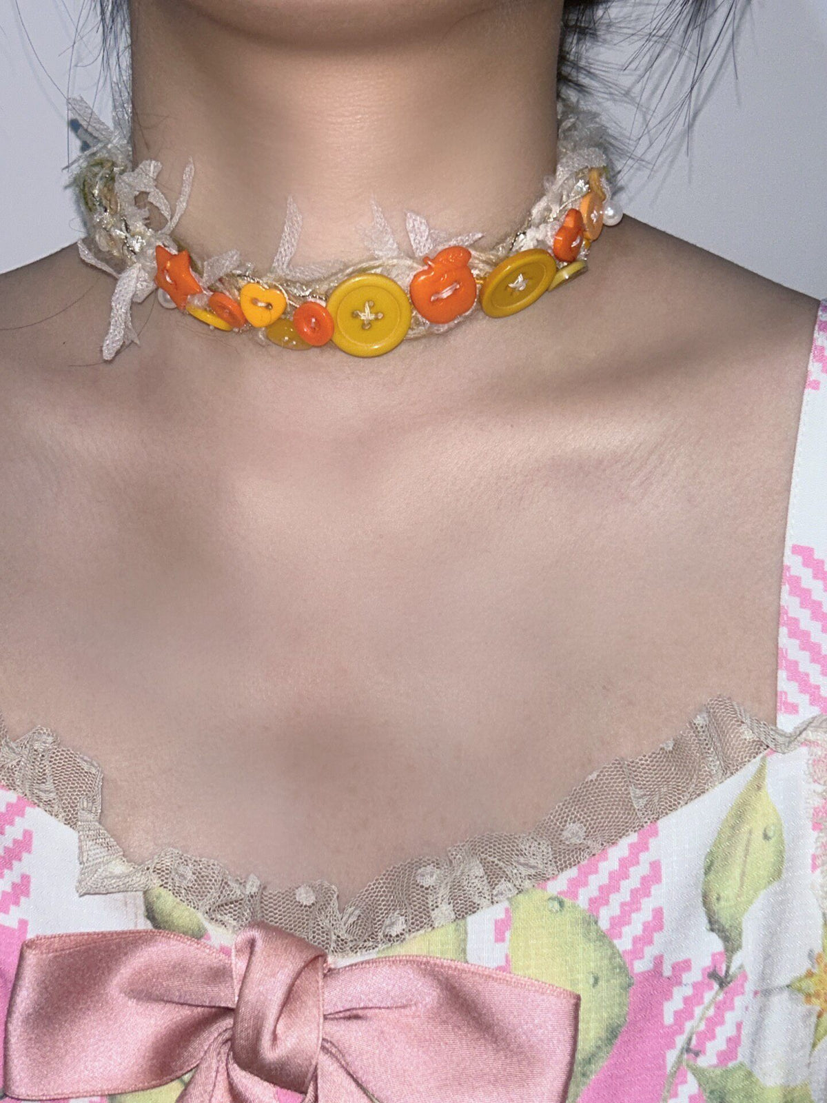 Yellow Button Mixed Media Choker Necklace