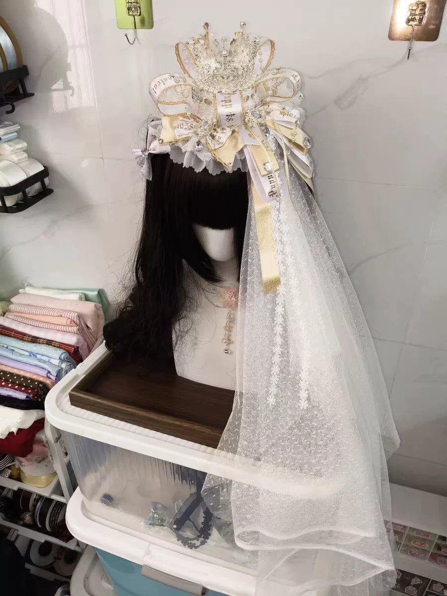 White Gold Crown Pearl Chain Lolita Hat
