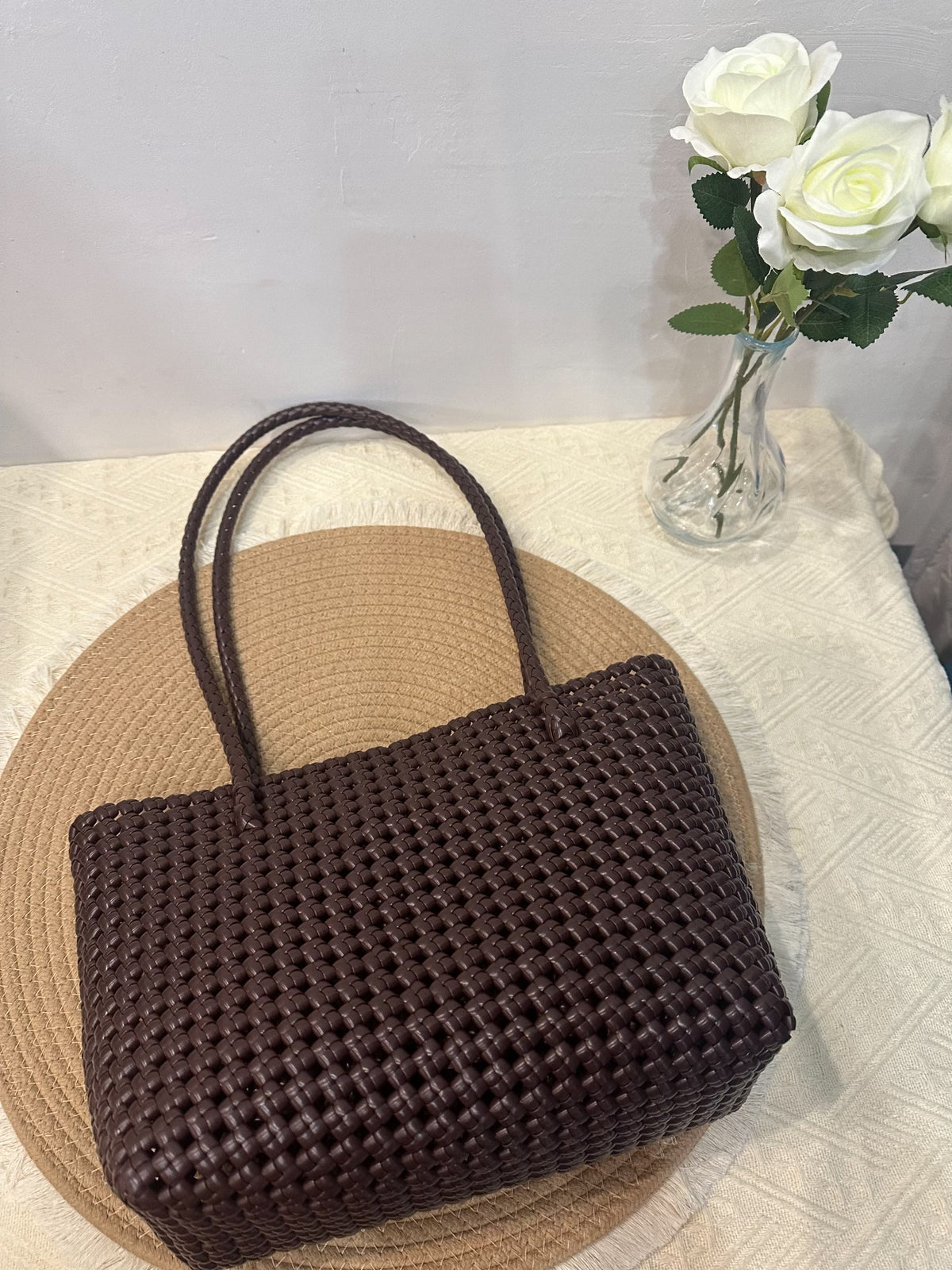 Handwoven Rattan Tote Bag Coffee Brown