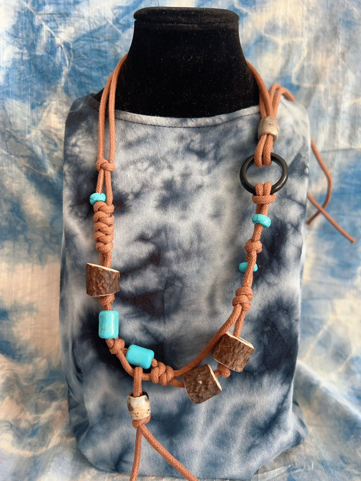 Handcrafted Cotton Cord Lariat Necklace with Turquoise Beads