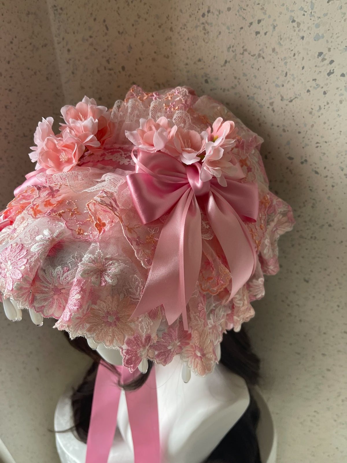 Lolita Pink Lace Bonnet Handmade