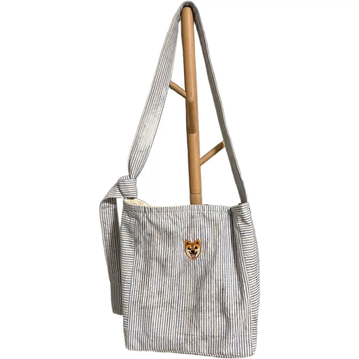 Bolso bandolera de algodón con rayas y bordado de Shiba Inu