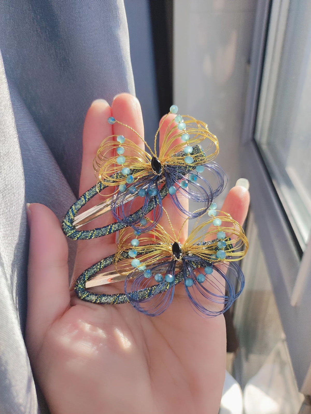 Copper Wire Butterfly Hair Clips Gold Blue