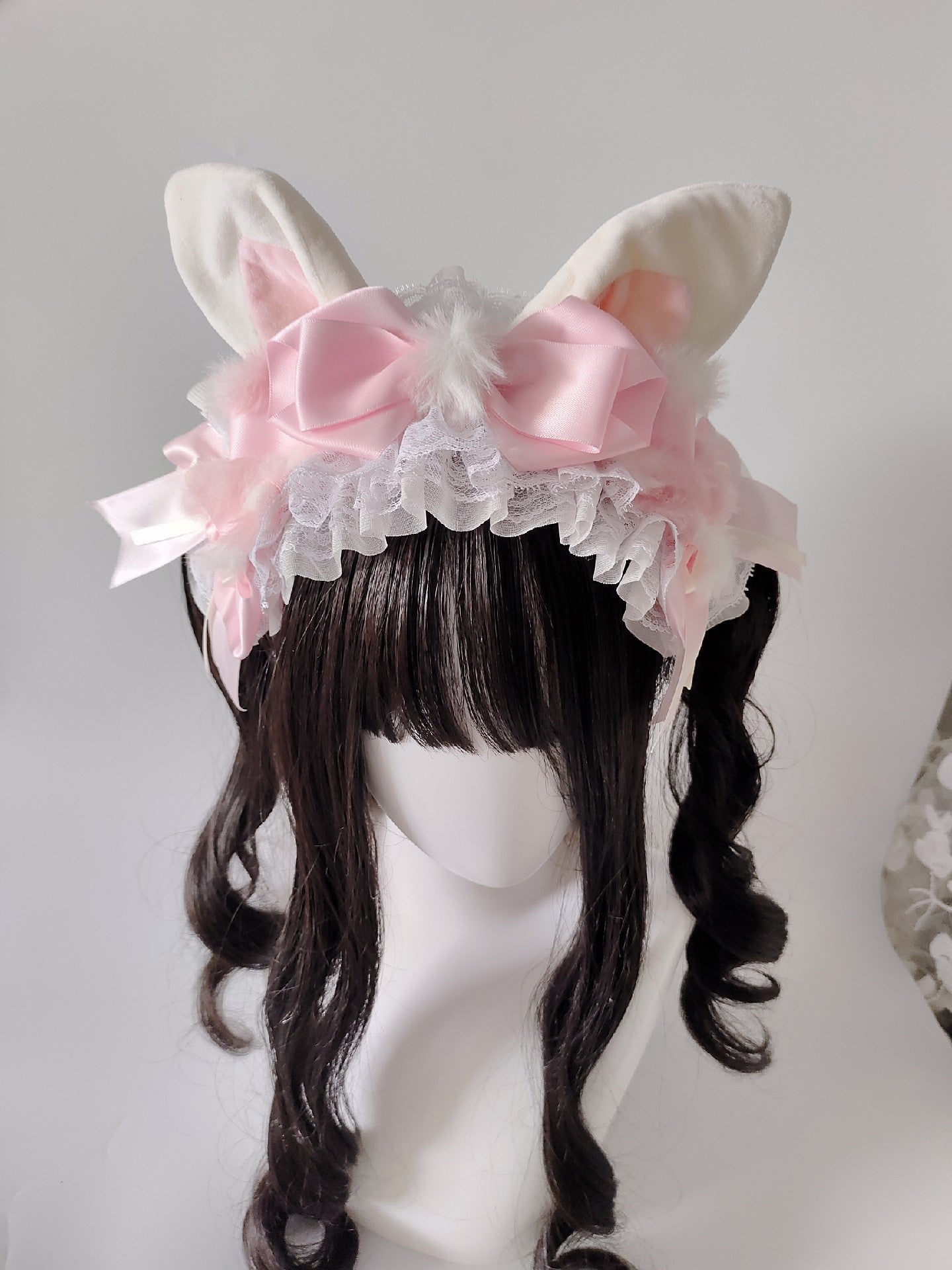Pink and White Lolita Rabbit Ear Headband with Polka Dot Bow