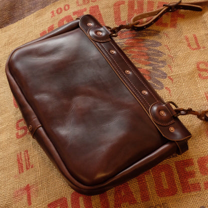 Rich Brown Leather Messenger Bag with Brass Buckle Closure