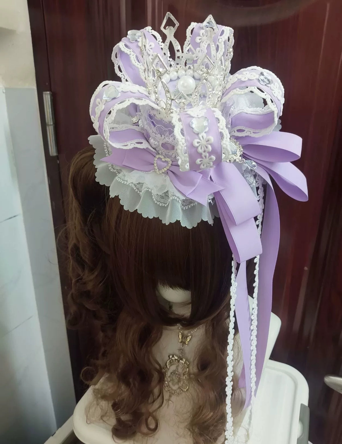 Handmade Purple Hexagonal Crown Lolita Hat with Long Veil