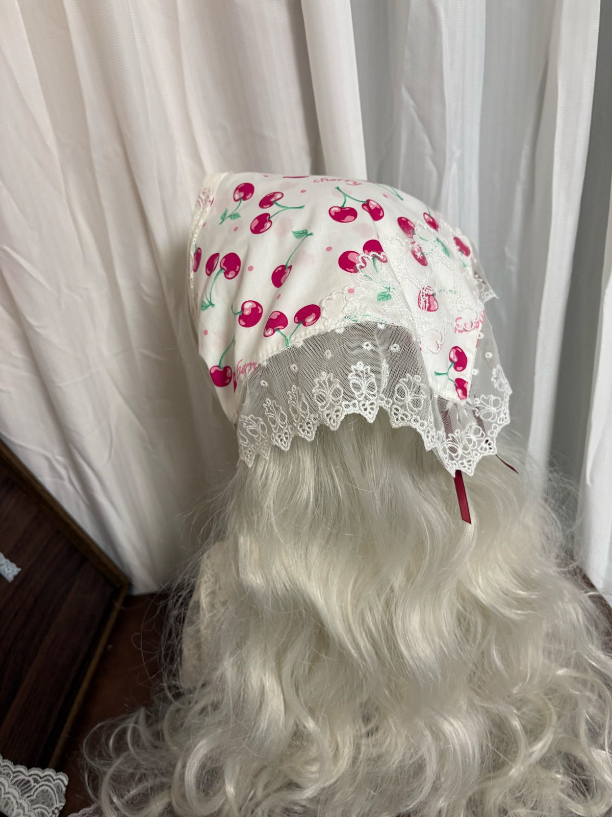 Reversible Cherry Print Lace Trim Headscarf
