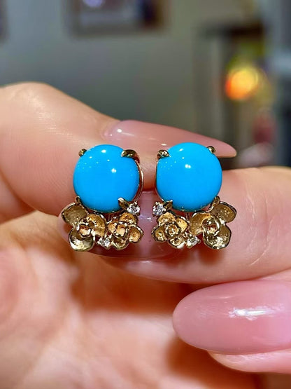 18K Gold Sleeping Beauty Turquoise Stud Earrings with Floral Diamond Accents
