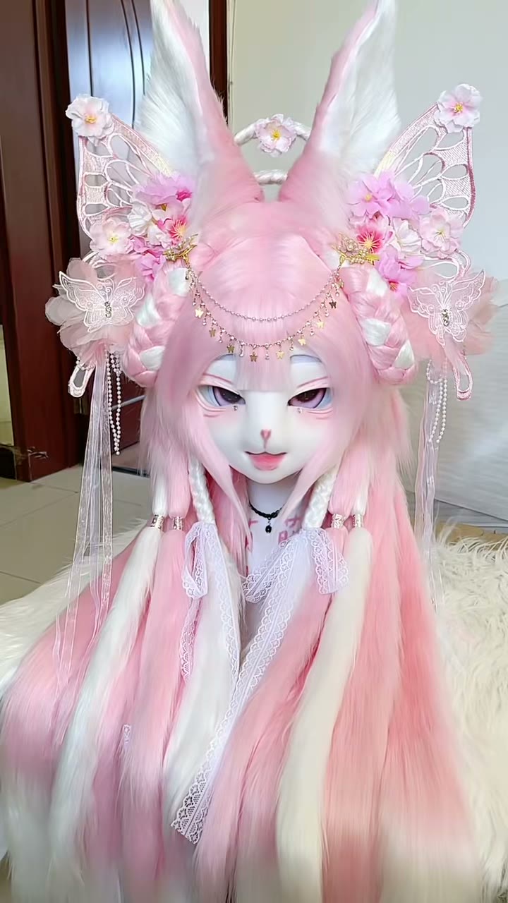Pink White Fox Ear Headpiece with Wig