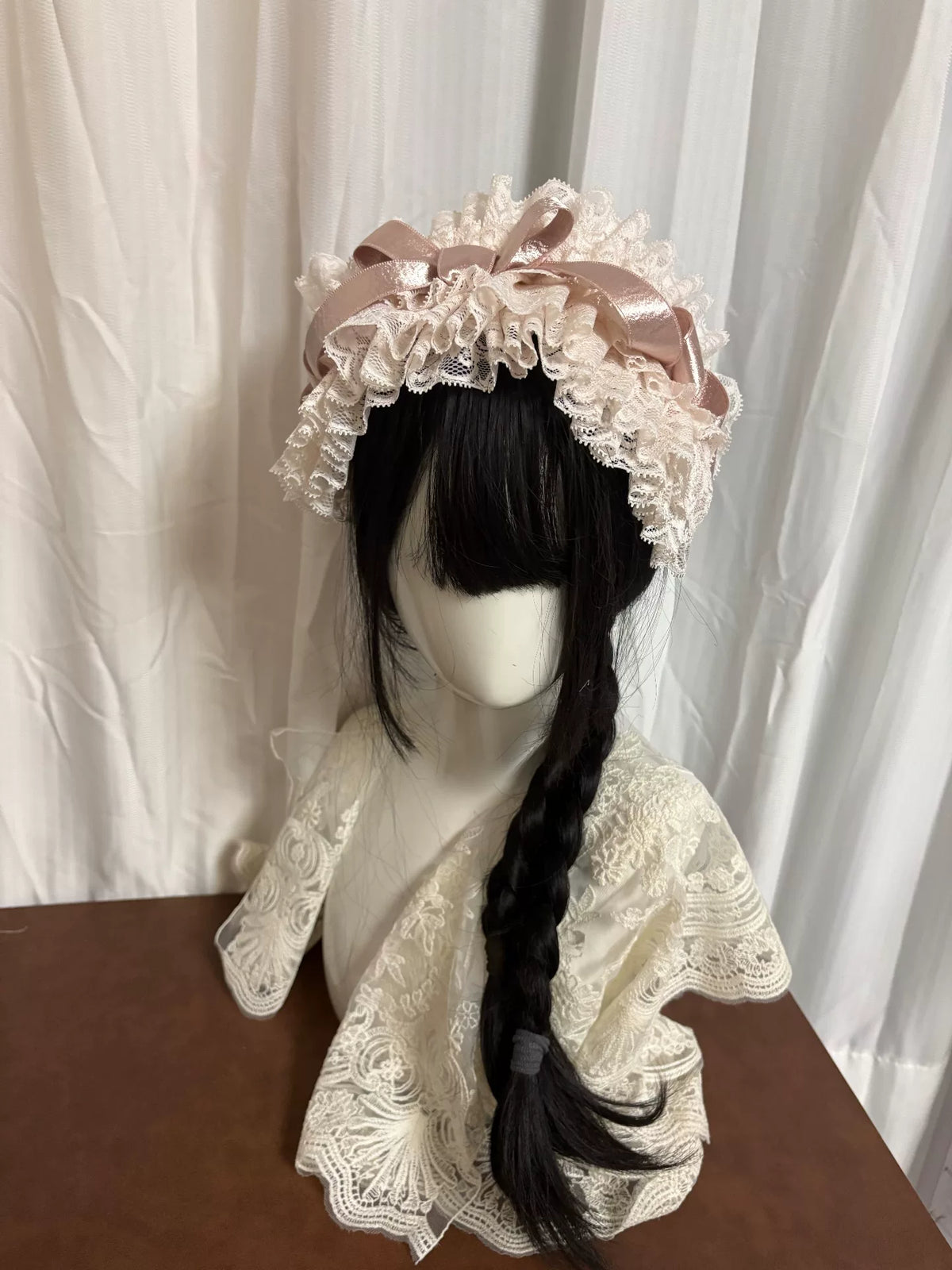 Handmade Ivory Lace Lolita Headdress with Pink Ribbon