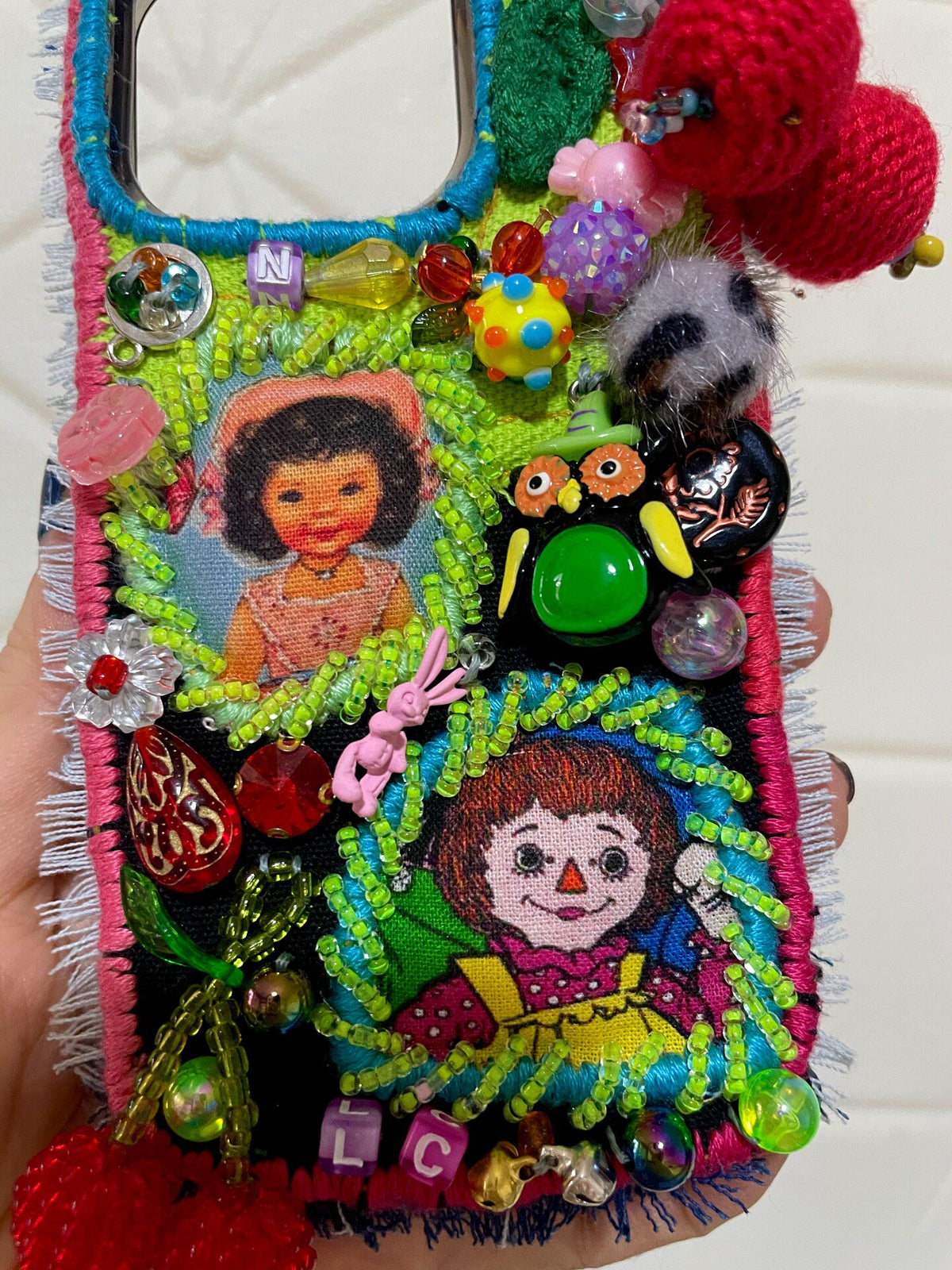 Handmade Fabric Phone Case Cherry Beaded Design