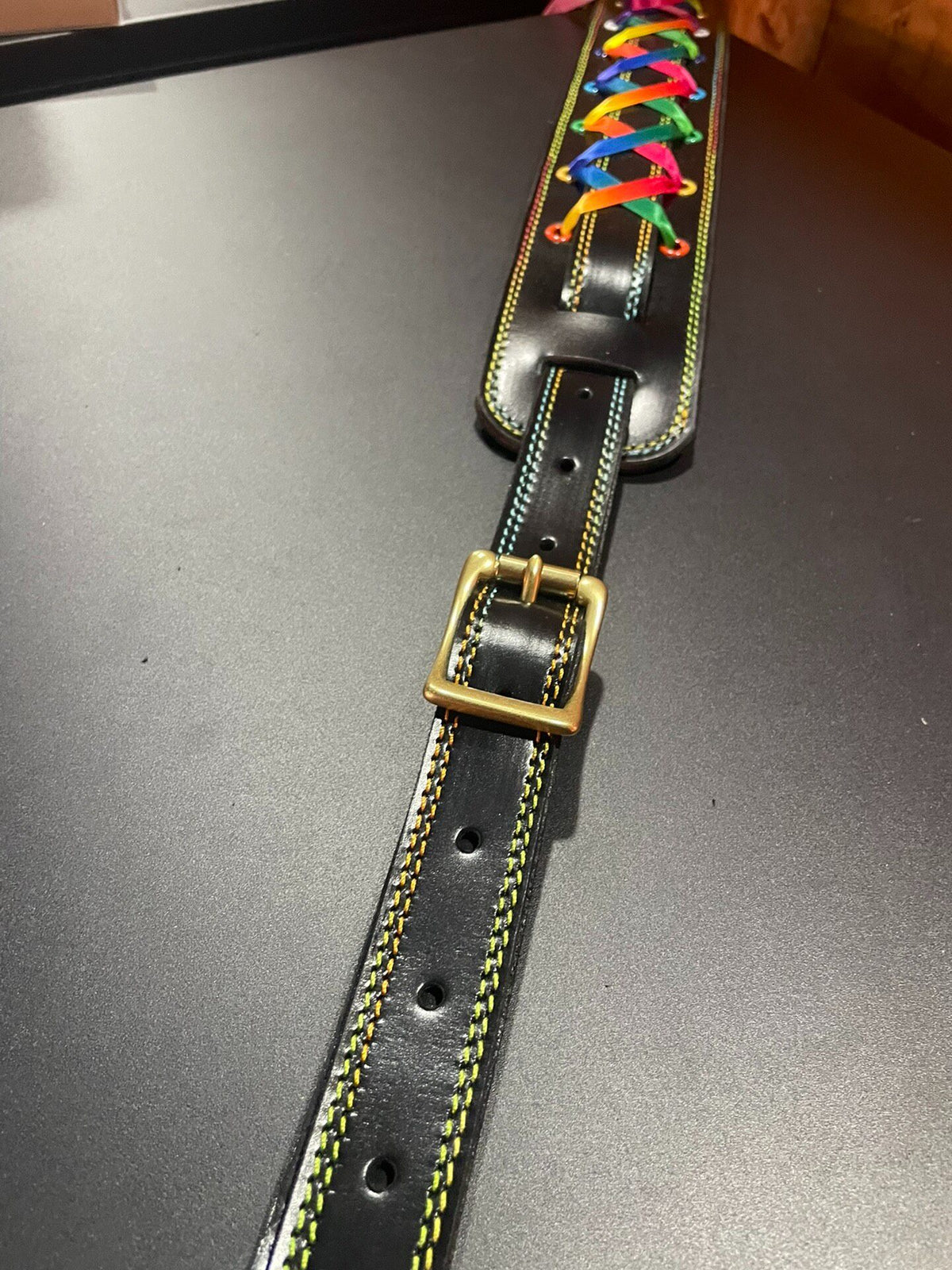 Handcrafted Leather Guitar Strap Rainbow Ribbon