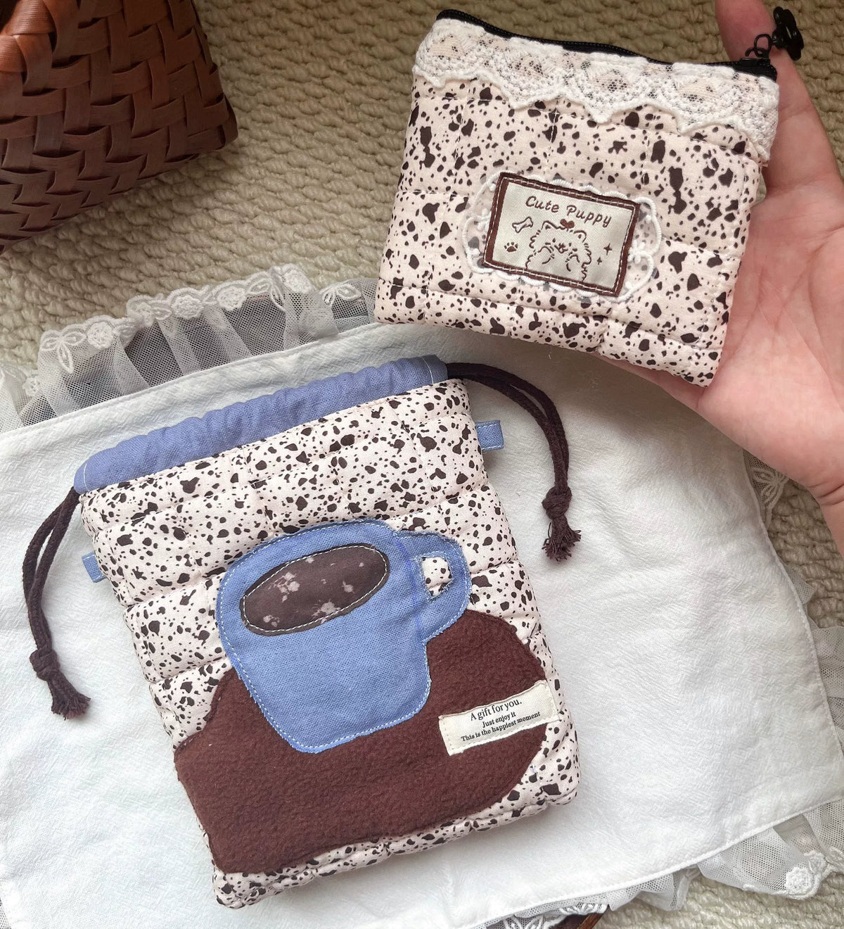 Handgjord Patchwork Kaffekoppspåse och Myntvääska