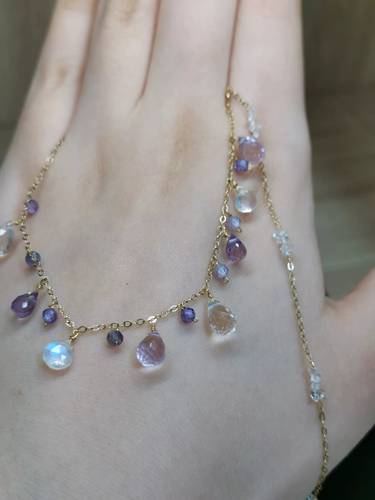 Bracelet améthyste, diamant de Herkimer et pierre de lune en or rempli