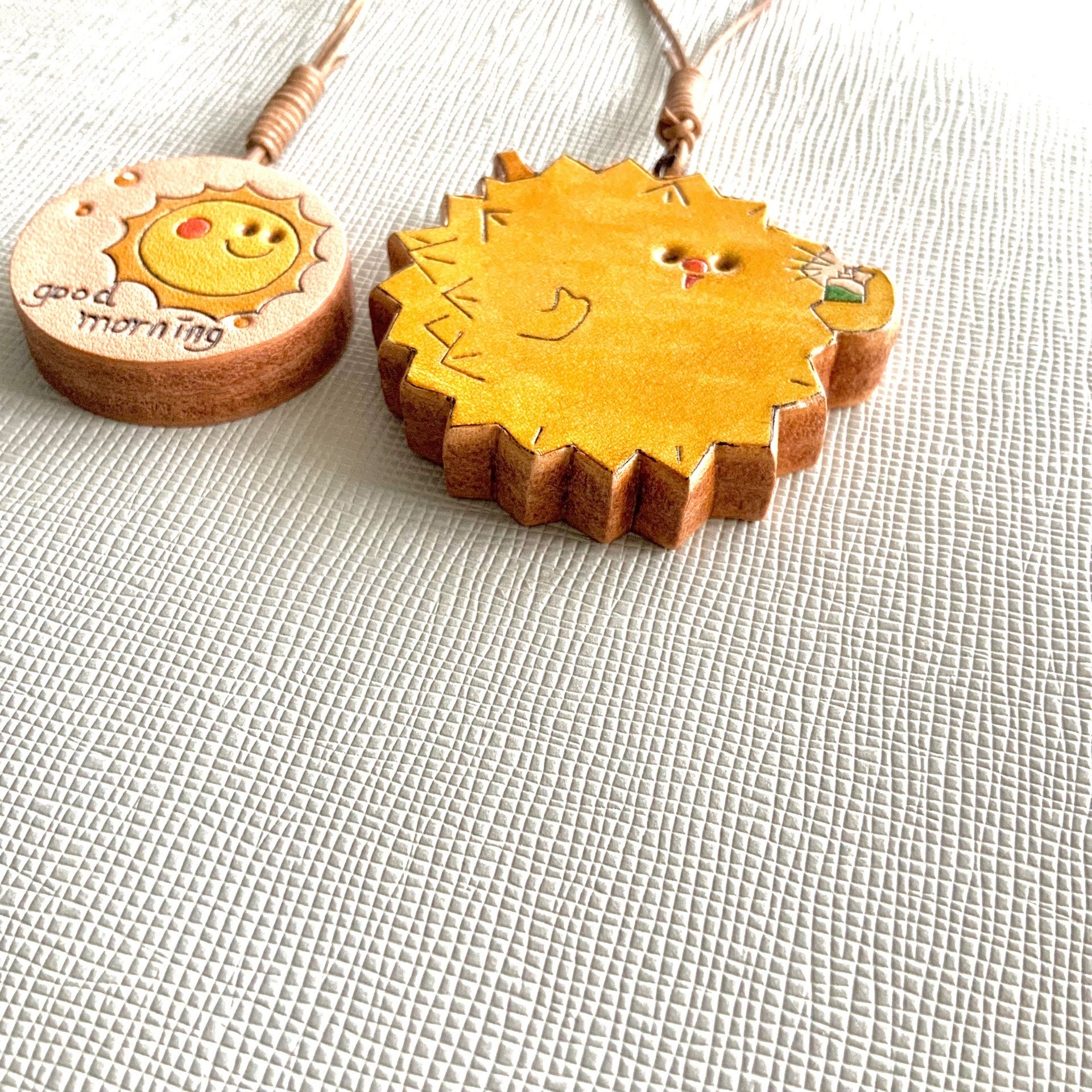 Handmade Leather Durian and Sun Charm Pendant Set for Bags, Keys, and Journals