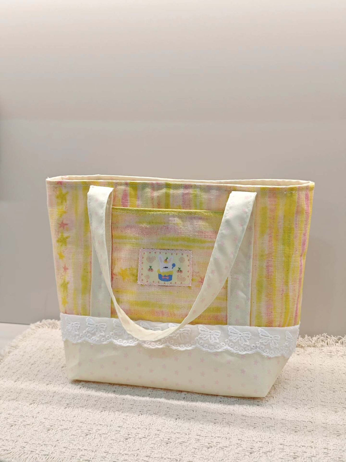 Handwoven Tote Bag Pink Yellow Striped Stars