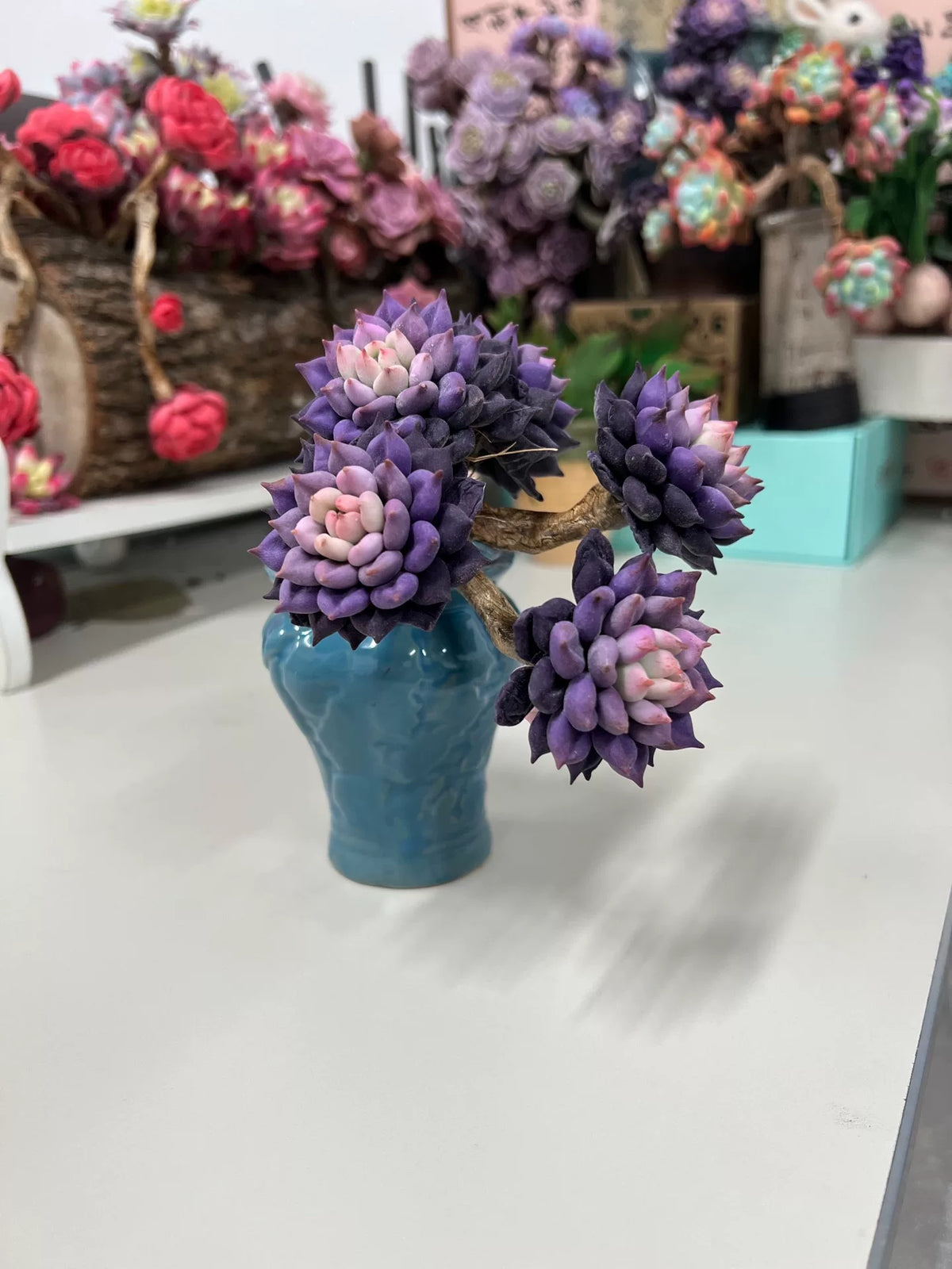 Decoração de Suculenta Roxa em Argila de Resina