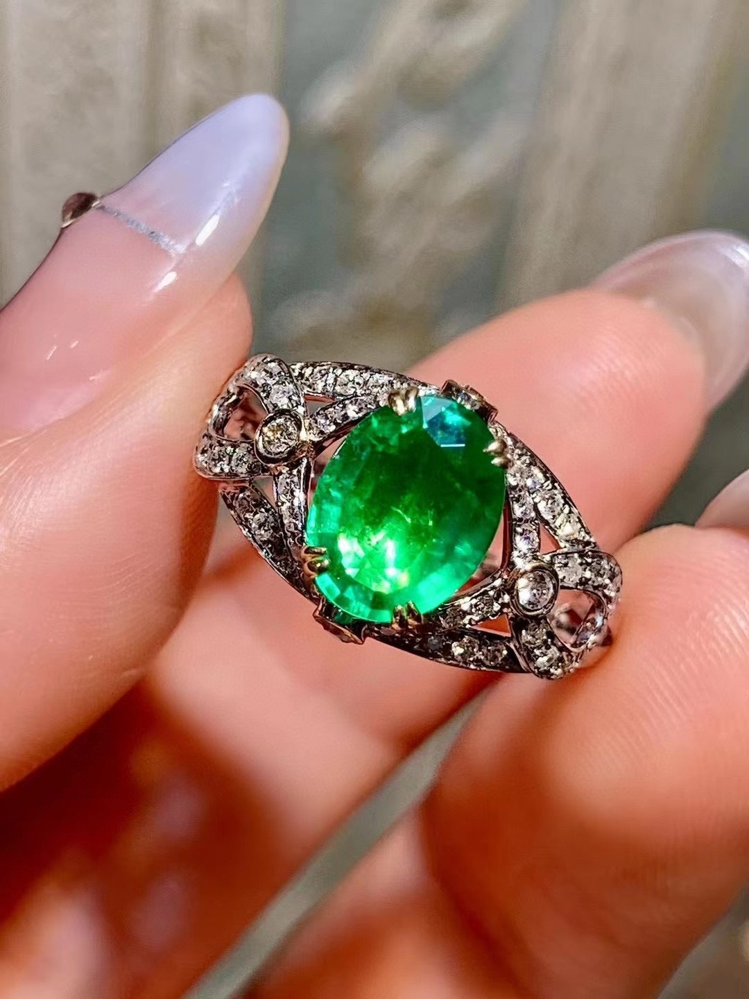 18K Gold Two-Tone Emerald and Diamond Ring, 1.51ct Oval Emerald