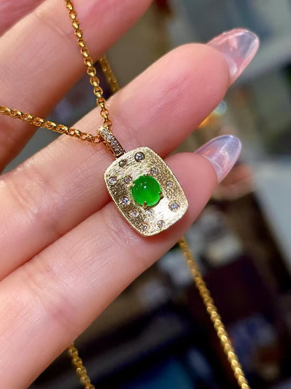 18k Gold Pendant with Oval Green Cabochon and 0.10ct Clear Stones