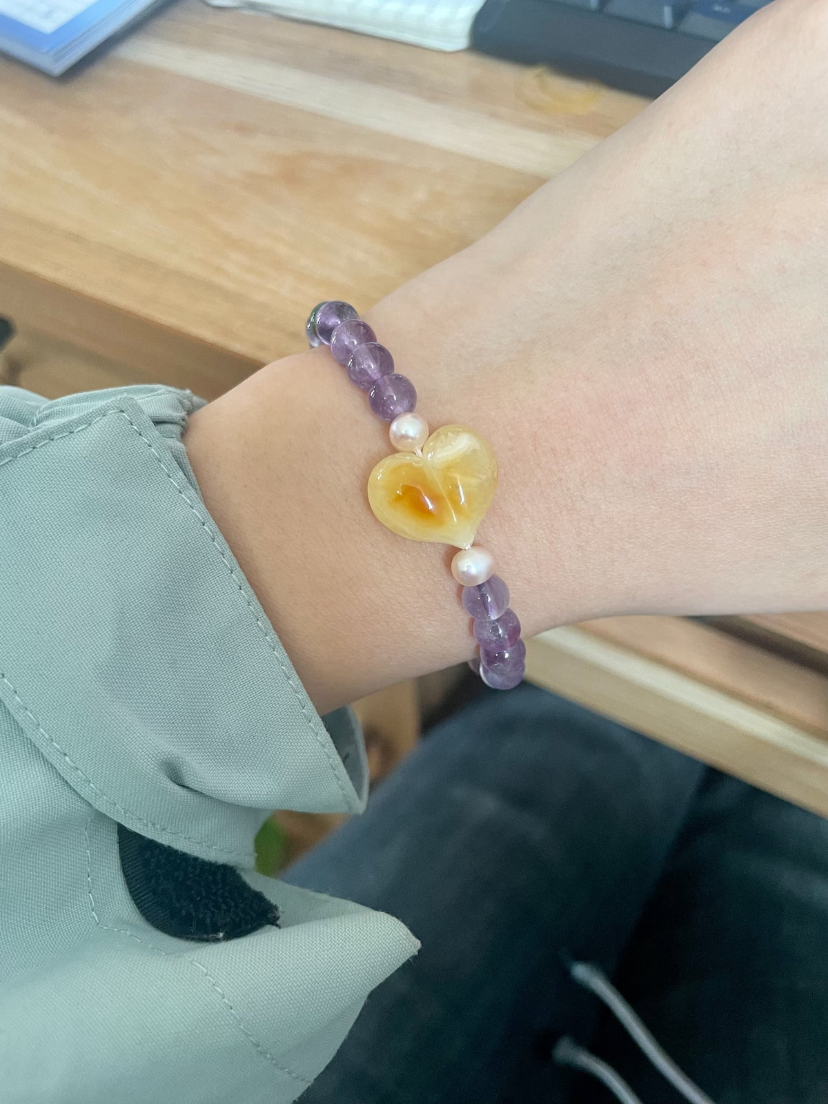 Amber Heart Amethyst Beaded Bracelet