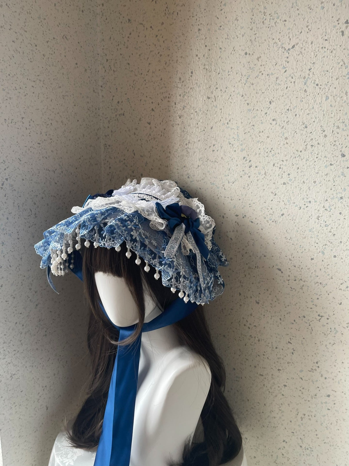 Lolita Blue White Lace Bonnet Hat