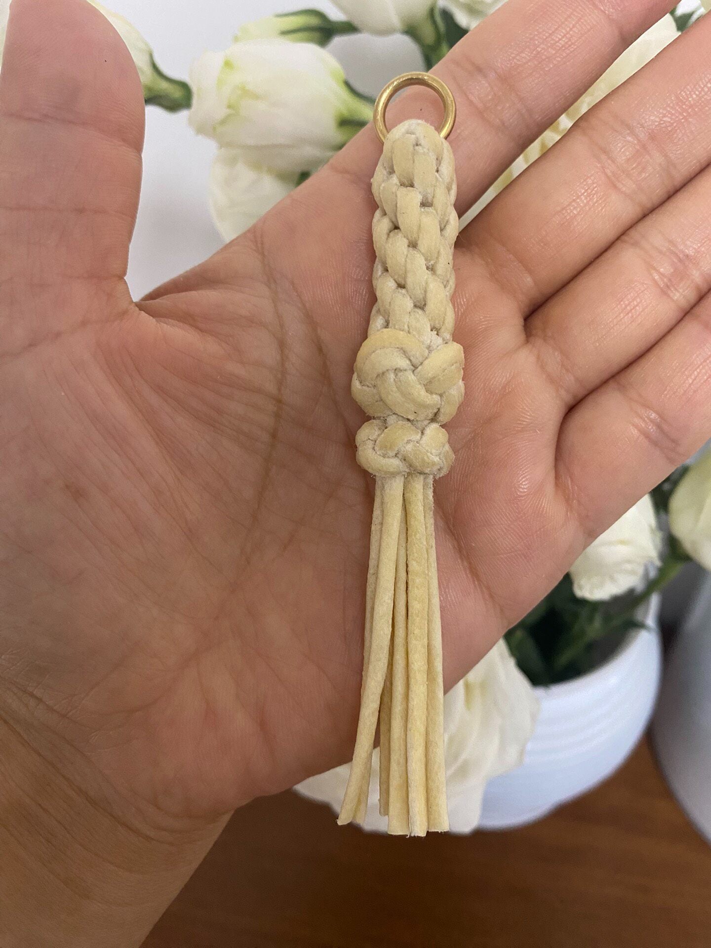 Handwoven Sheepskin Rope Keychain with Brass Ring