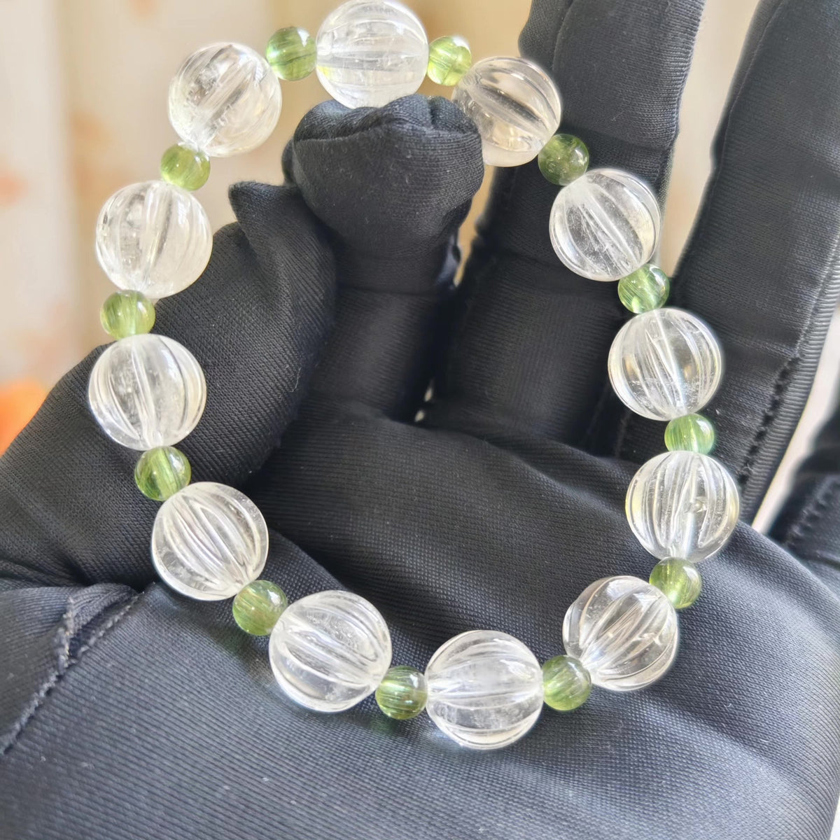White Crystal Pumpkin Bead Green Kunzite Bracelet