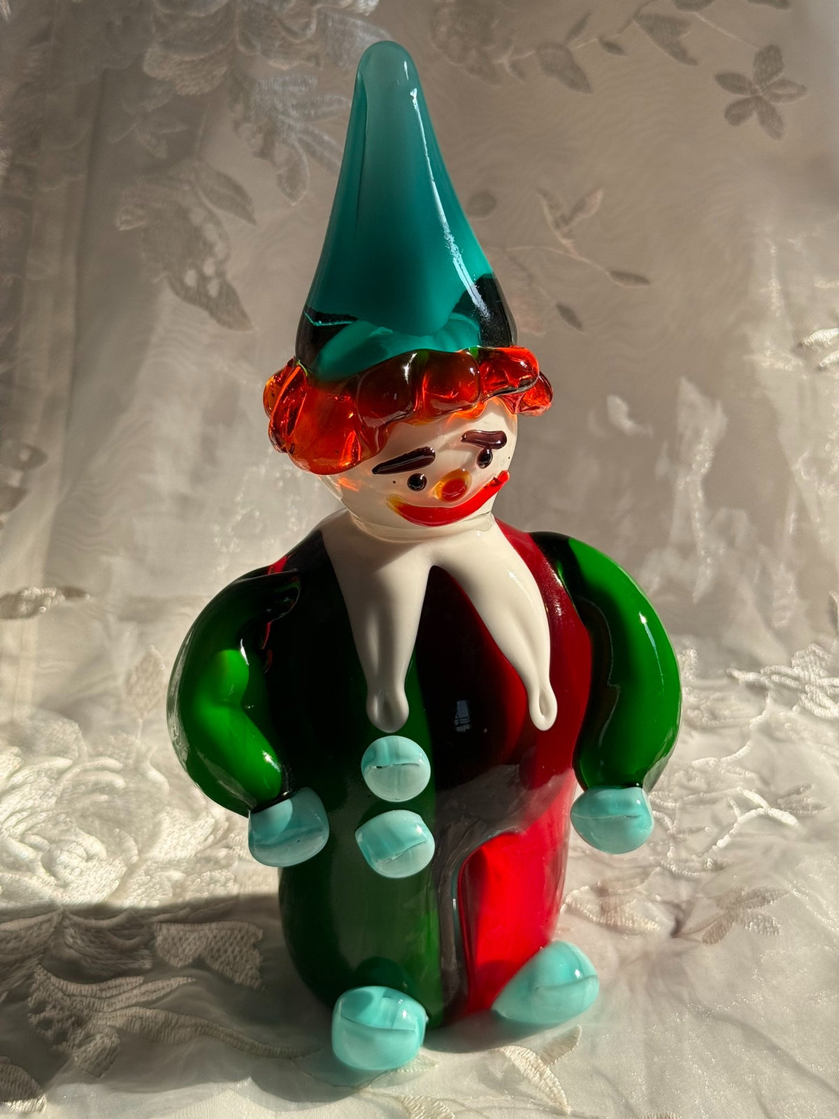 Statuina di Clown in Vetro Vintage con Cappello Petrol Acqua