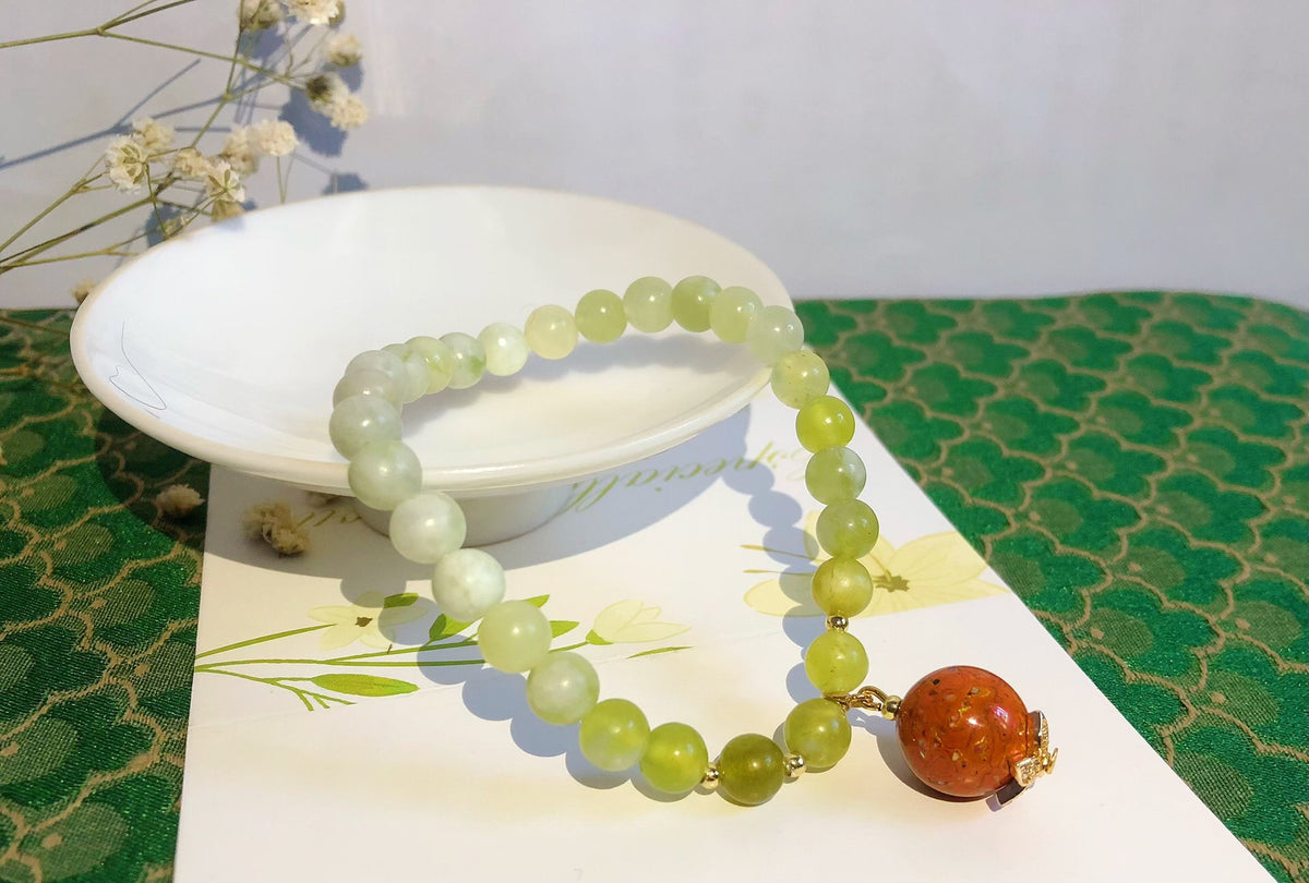 Pulsera de Jade de Xiushan con Dije de Laca Naranja