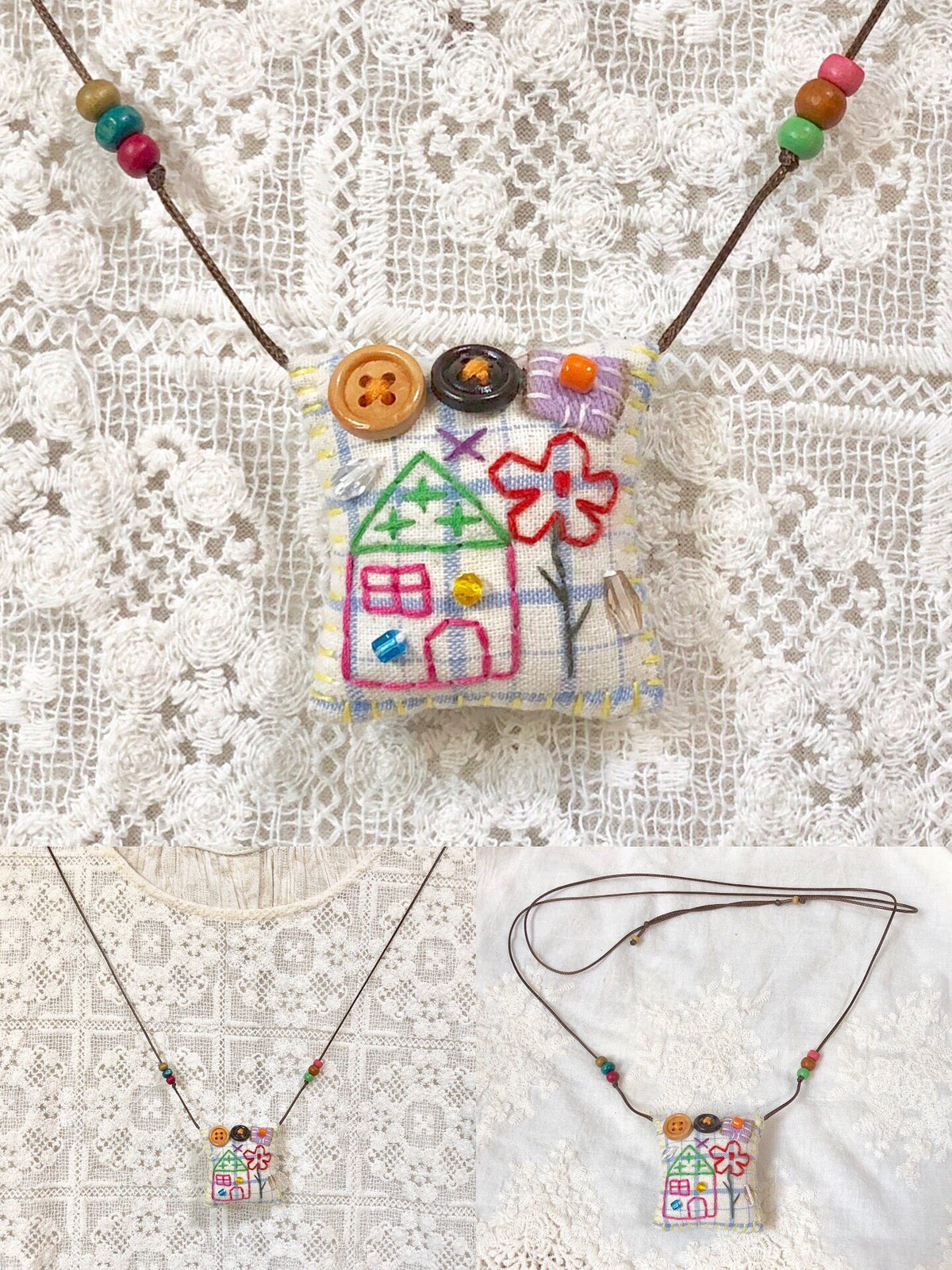 Handmade Fabric Pendant Necklace House Red Flower