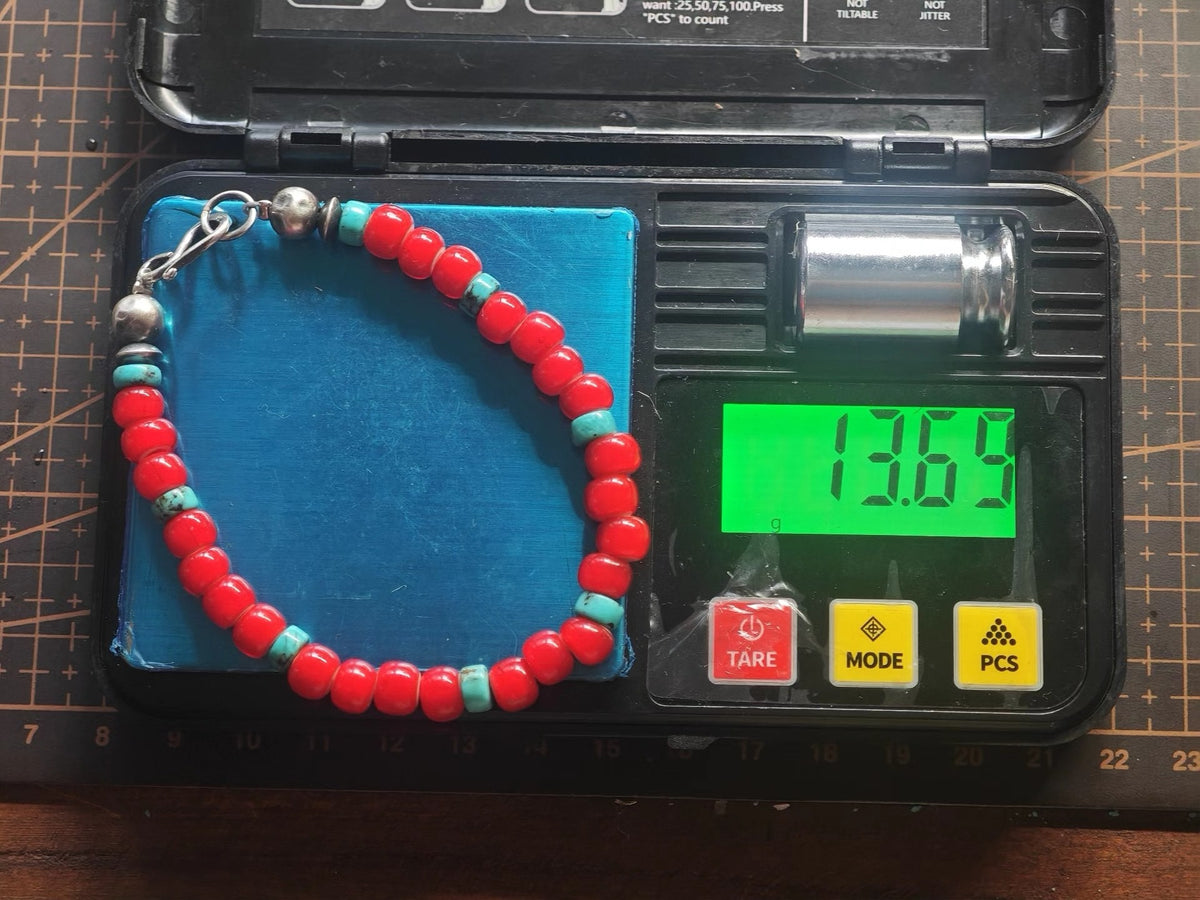 Armband aus rotem Glas und Türkisperlen 925 Silber