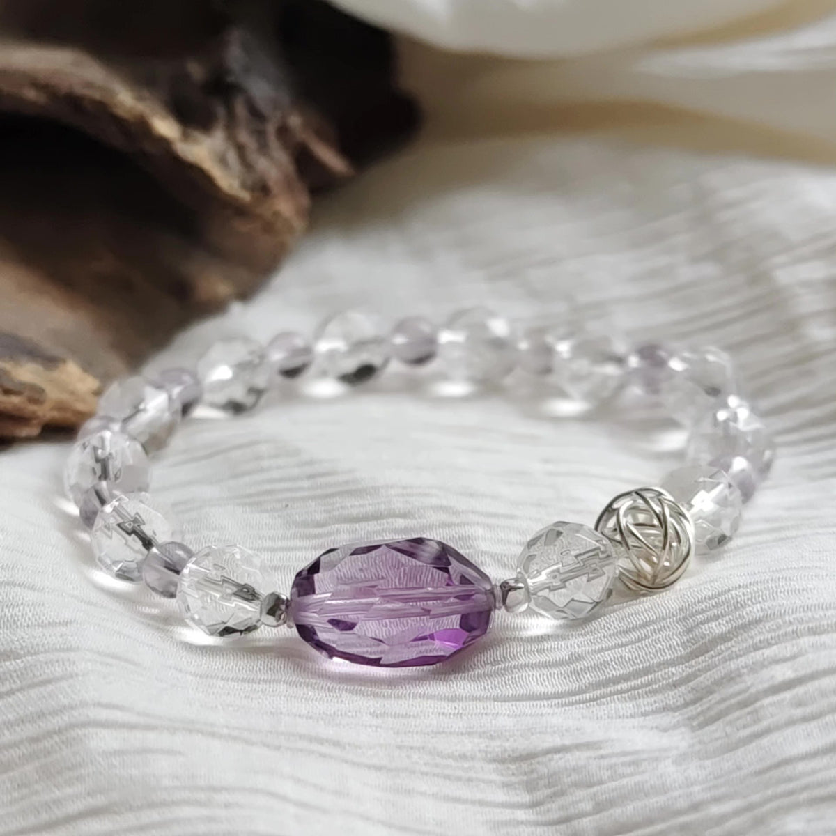 Faceted White Quartz Amethyst Beaded Bracelet