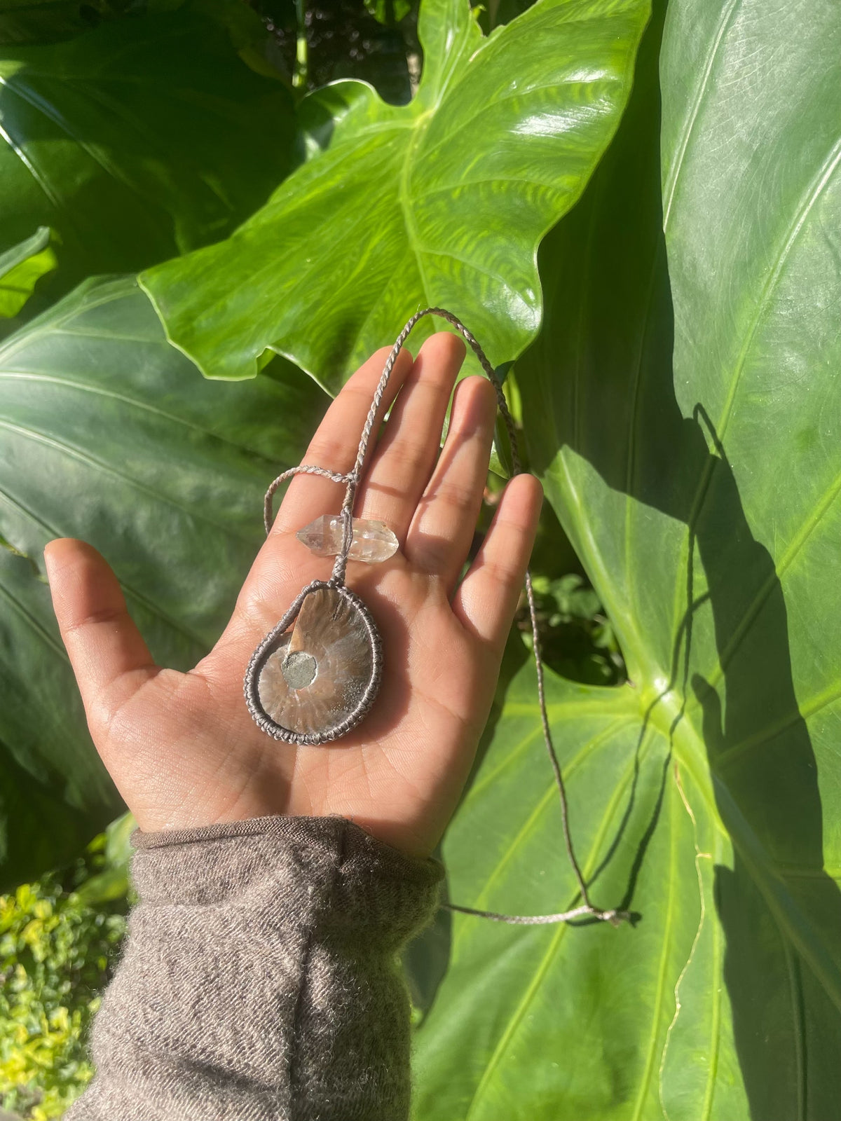 Ammonite Fossil White Crystal Handwoven Necklace