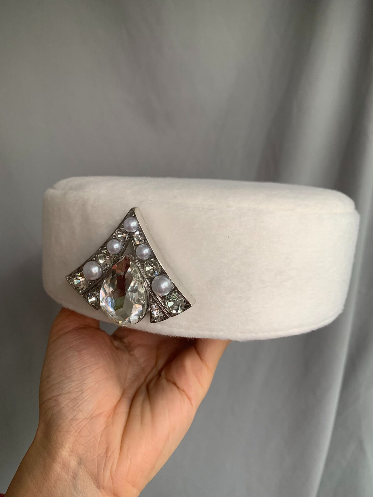 White Wool Felt Pillbox Hat with Brooch
