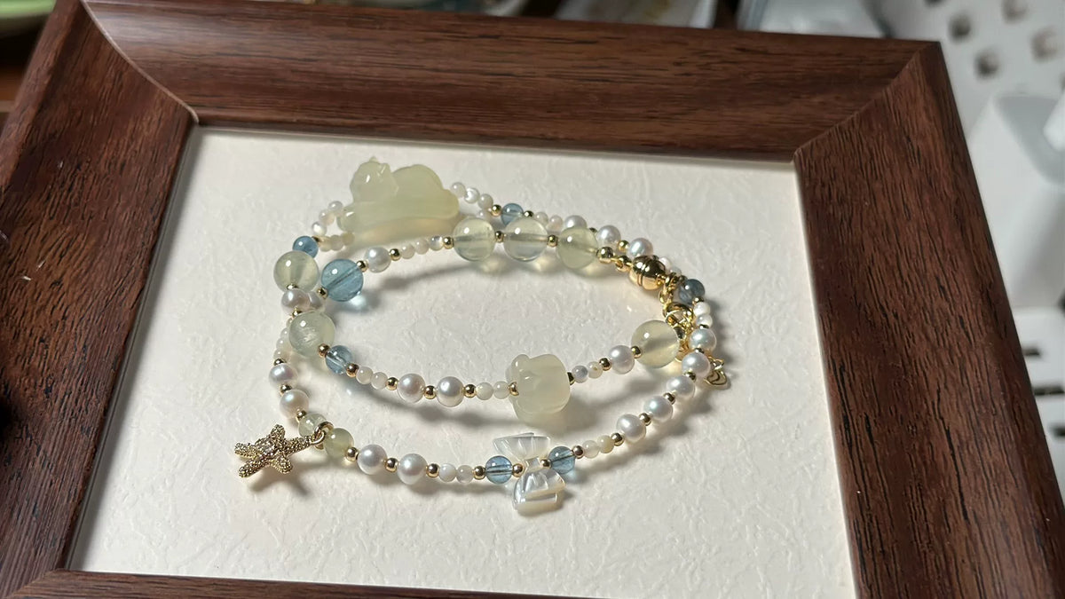 Xiuyan Jade Cat Pearl Double Layer Bracelet