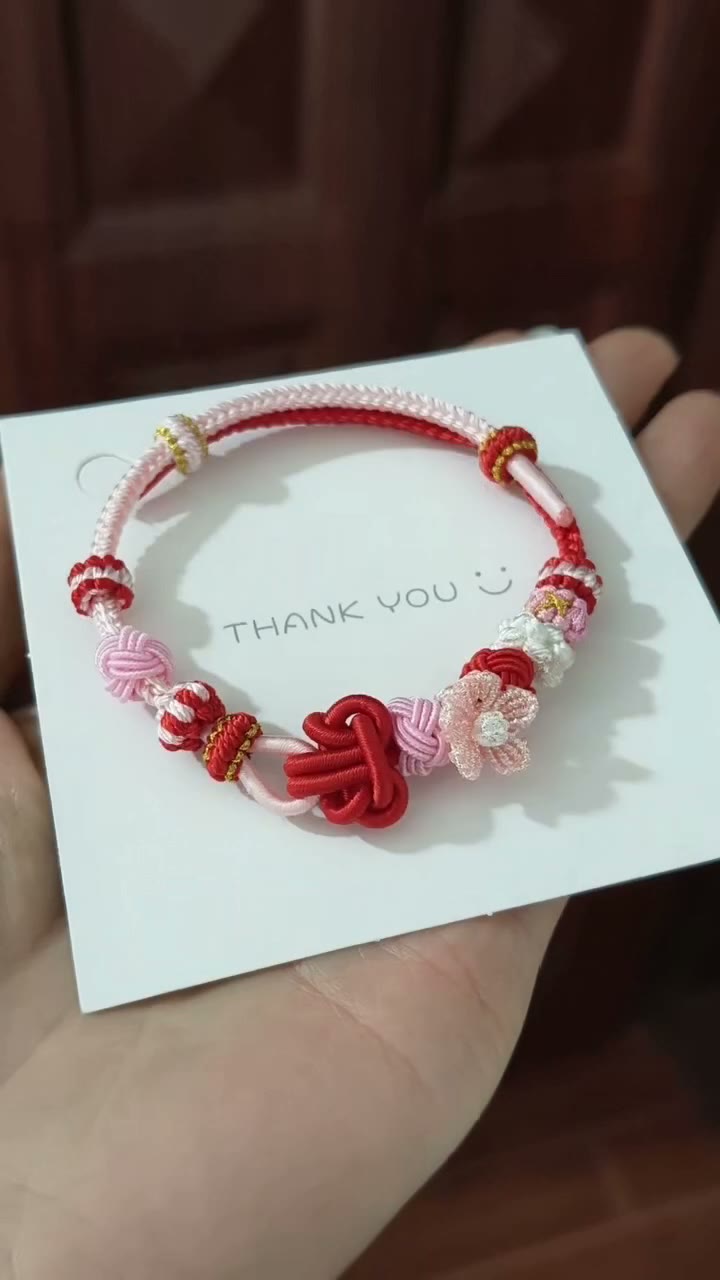 ハンドメイド 赤×ピンク 編みコードブレスレット